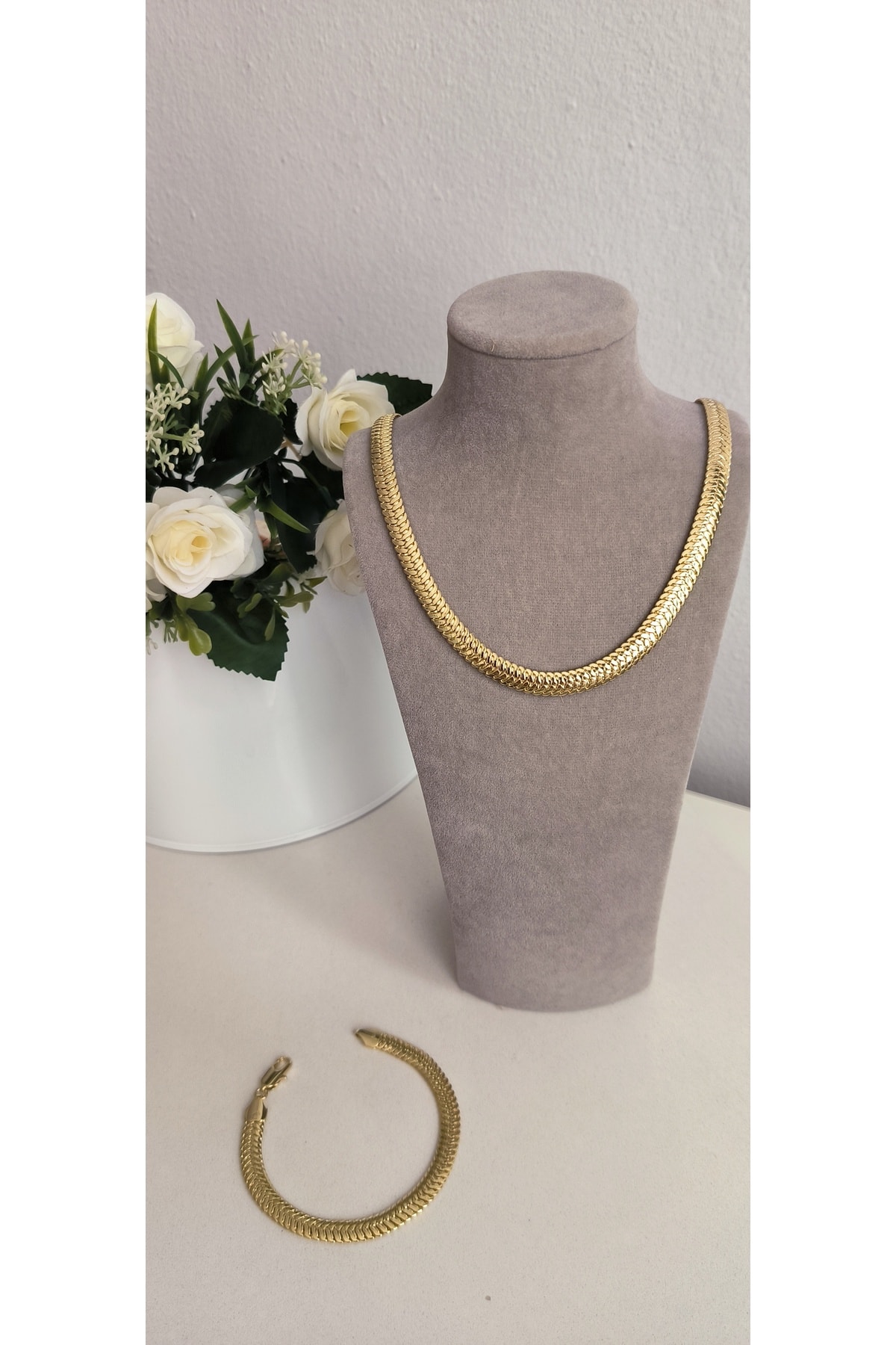 Vip Altın Kaplama Balık Sırtı Model Set Kolye+ Bileklik Kararmaz 14K Rengindedir