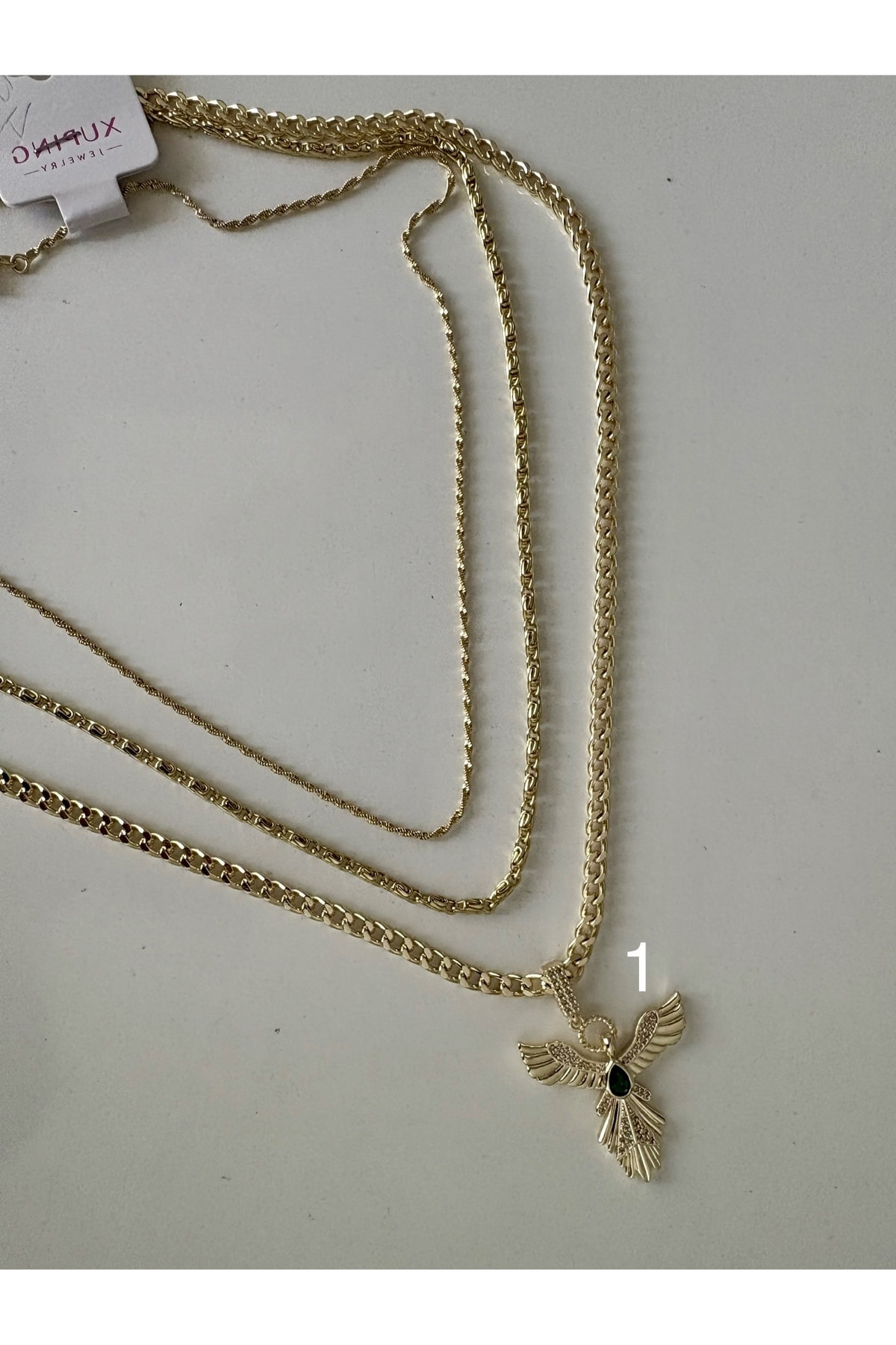 1Nolu Altın Kaplama Anka Kuşu Yeşil taş Detaylı Kolye Kararmaz 14K Rengindedir 51 + 5 cm