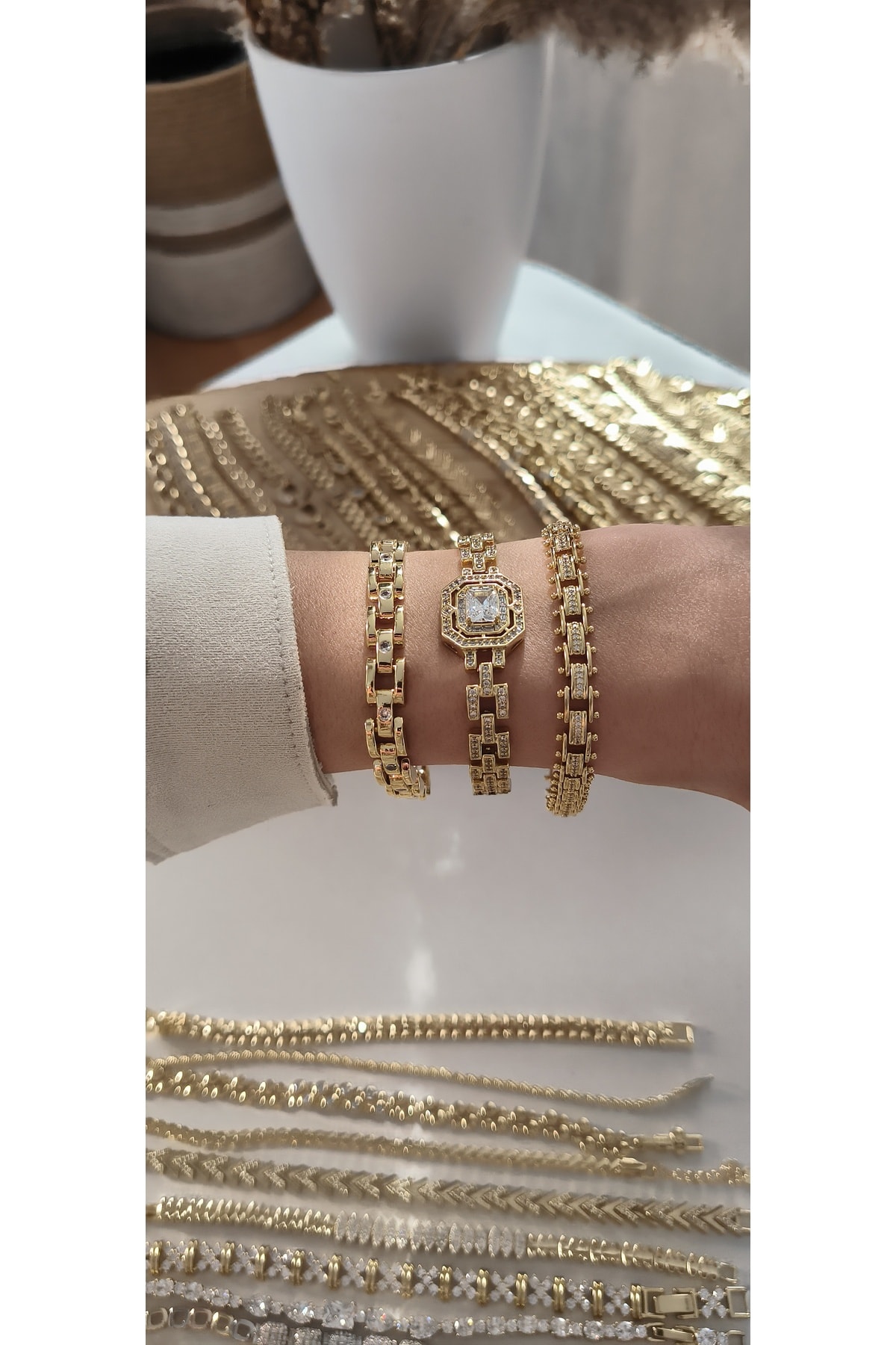 Vip Baget Taşlı Kordon Model Bileklik Kararmaz 14K Rengindedir 17 +2cm