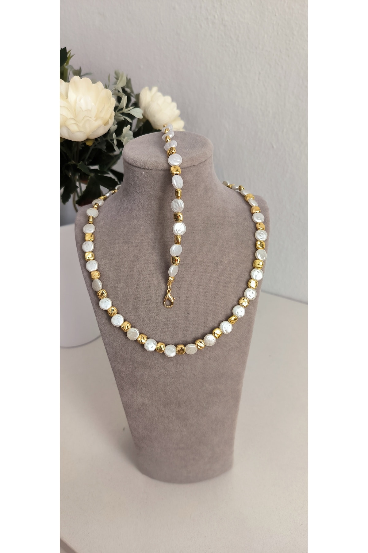 Altın Kaplama Sıralı İnci Dorika Model Set Kararmaz Kolye (41 +5cm) Bileklik (18 +4)