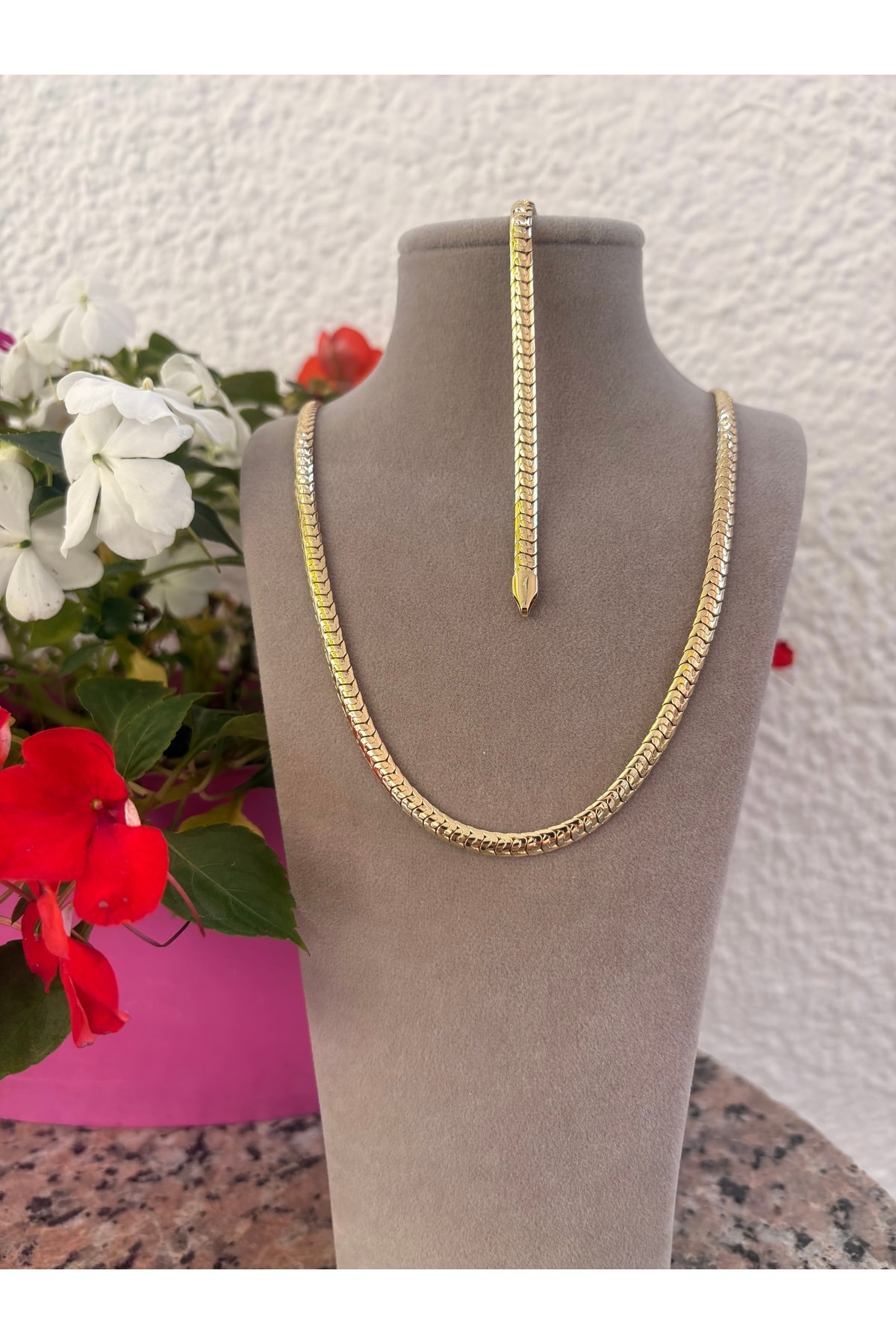Altın Kaplama Balıksırtı Model Set Kolye 50 cm Bileklik 20cm Kararmaz 14K Rengindedir