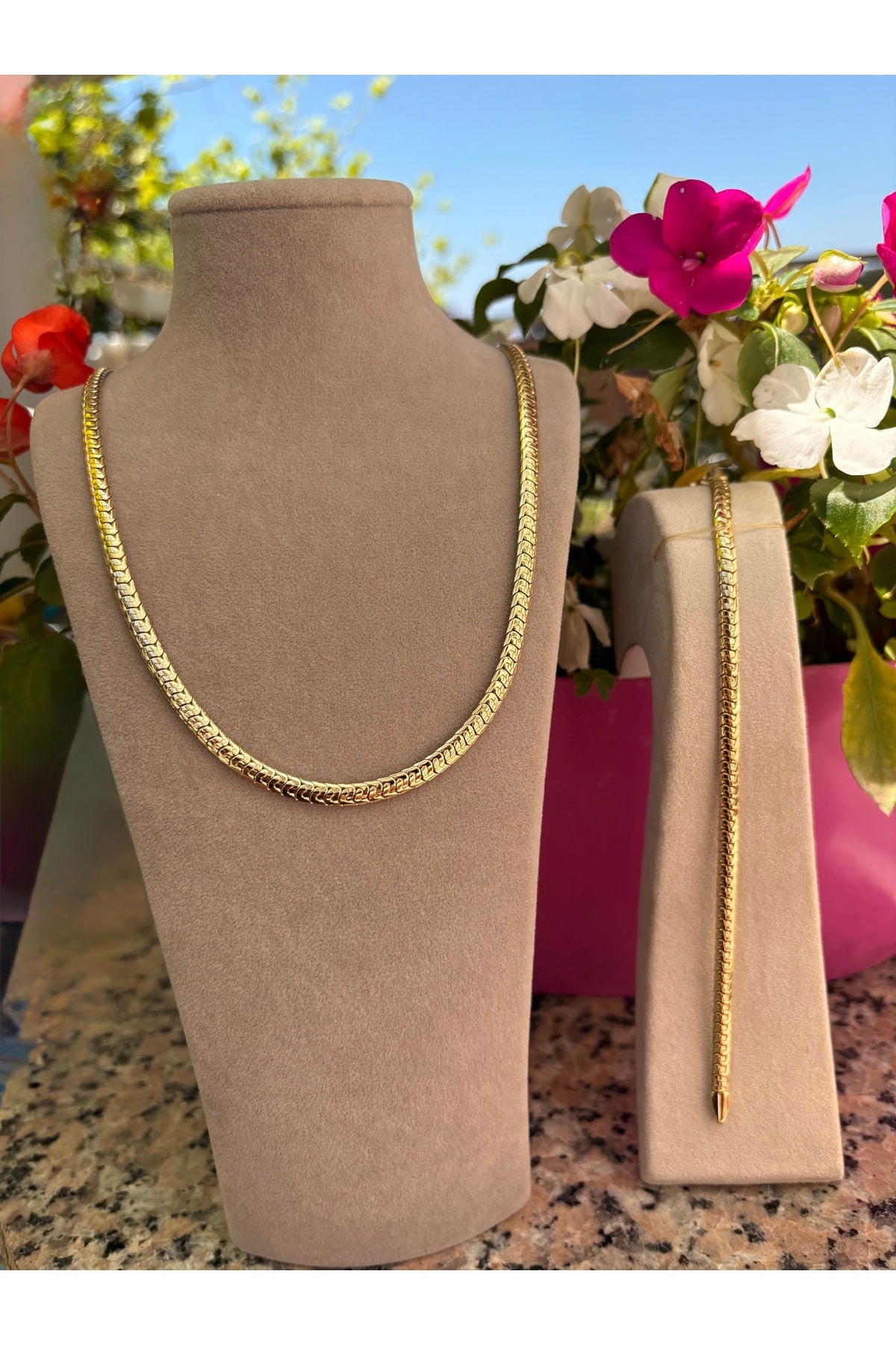 Altın Kaplama Balıksırtı Model Kolye Set Kararmaz 14K Rengindedir Kolye 60cm Bileklik 20cm