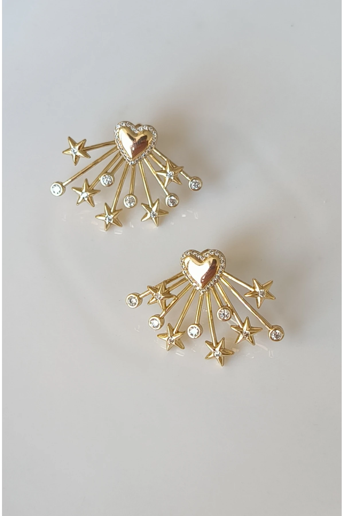 Altın Kaplama Kalp ve Yıldız Detaylı Küpe Kararmaz 14K Rengindedir 3.5cm