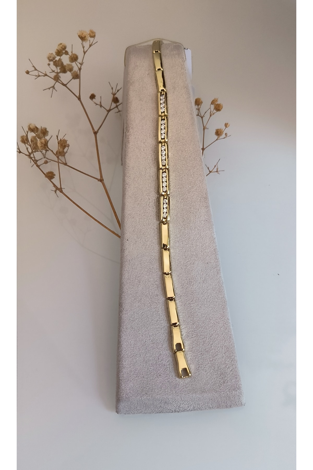 Vip Zirkon Taşlı Çubuk Plaka Model Bileklik Kararmaz 14K Rengindedir 19cm