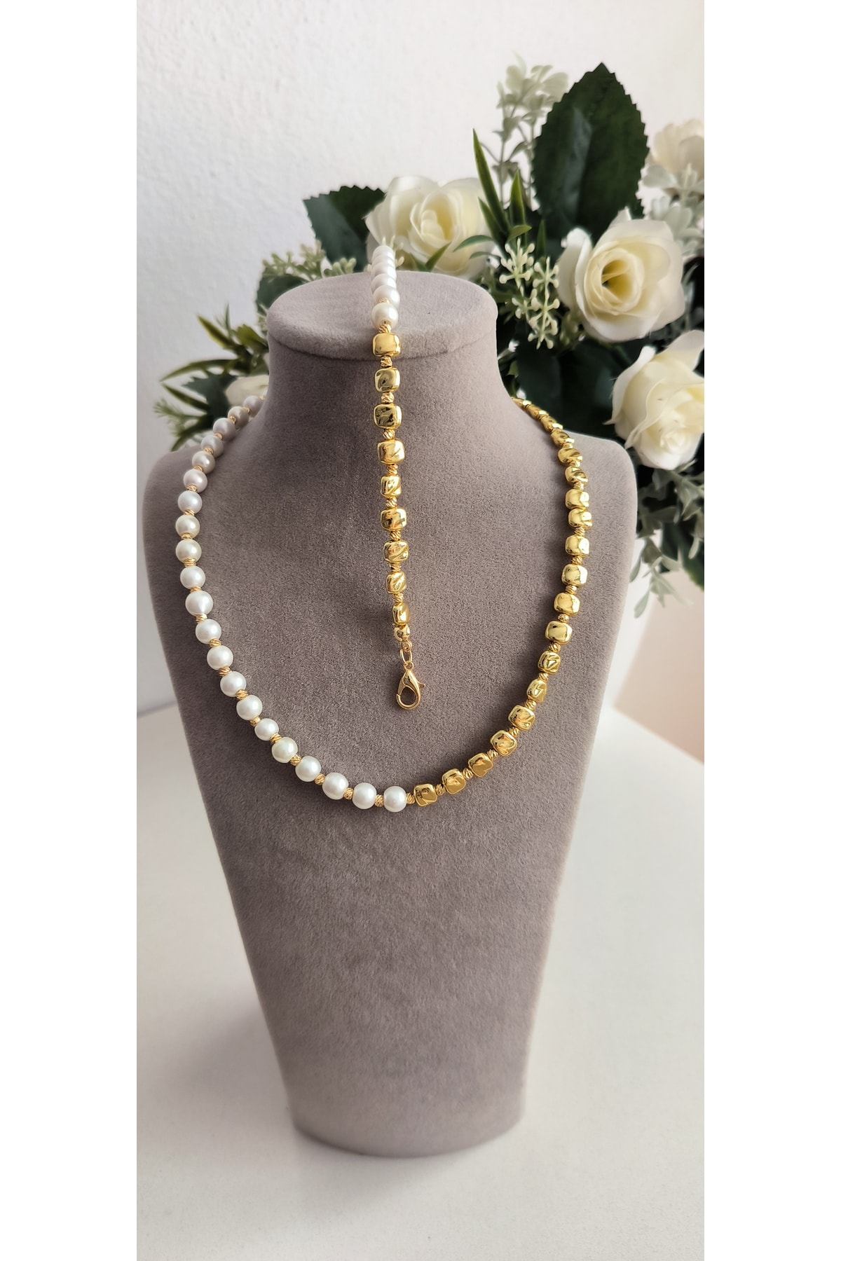 Altın Kaplama Yarı İnci Yarı Dorika Model Set Kararmaz Kolye (41 +6cm) Bileklik (18 +4cm)