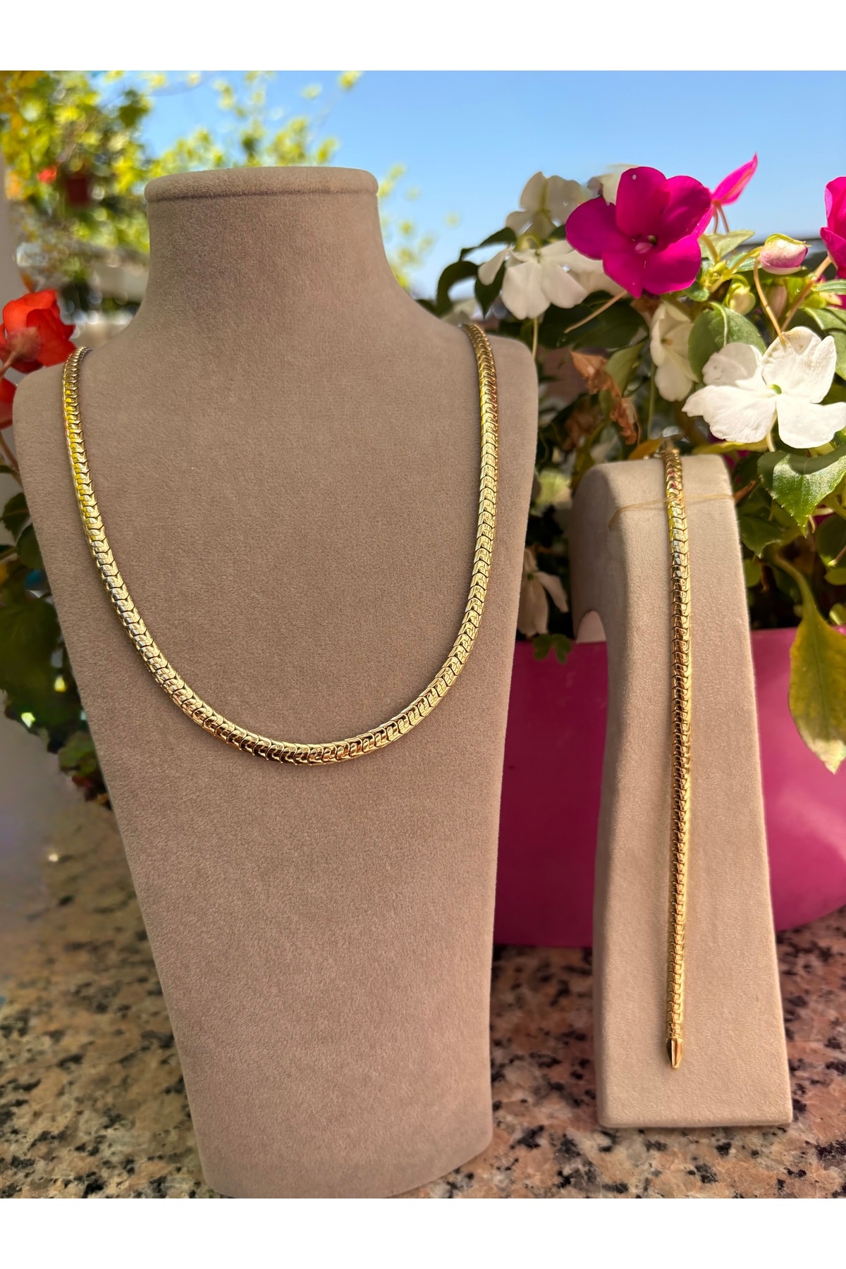 Altın Kaplama Balıksırtı Model Set Kolye 50 cm Bileklik 20cm Kararmaz 14K Rengindedir