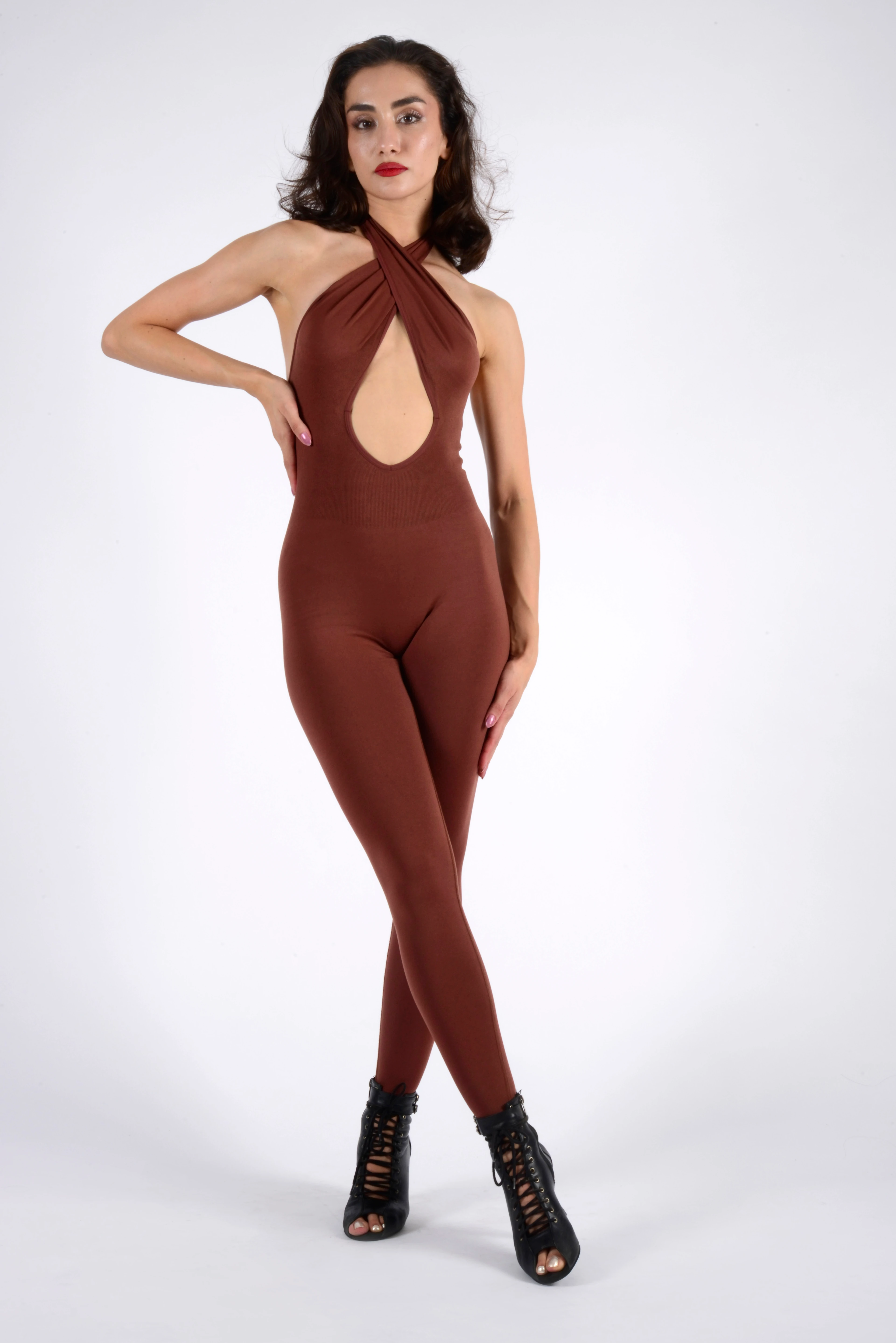 Elyra Dikişsiz Push Up Spor Tulum - Kahverengi