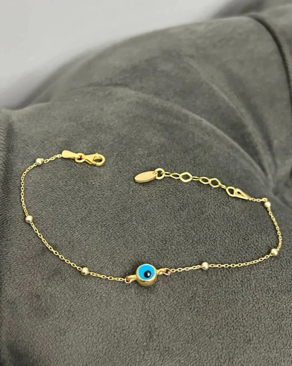 925 Ayar Gümüş Üzerine Altın Kaplama Nazar Boncuklu Bileklik