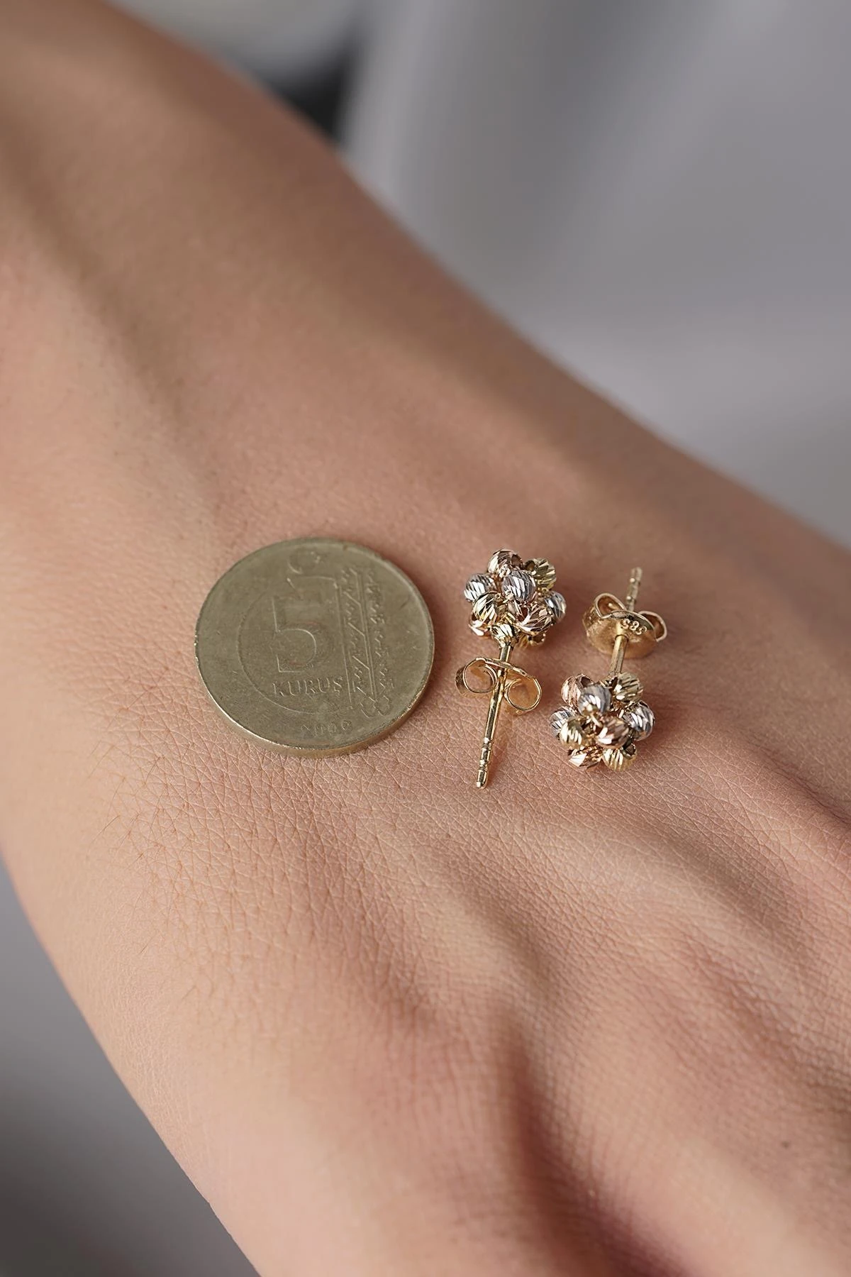 925 Ayar Gümüş Üzeri Altın Kaplama Üç Renk Dorika Balon Küpe 