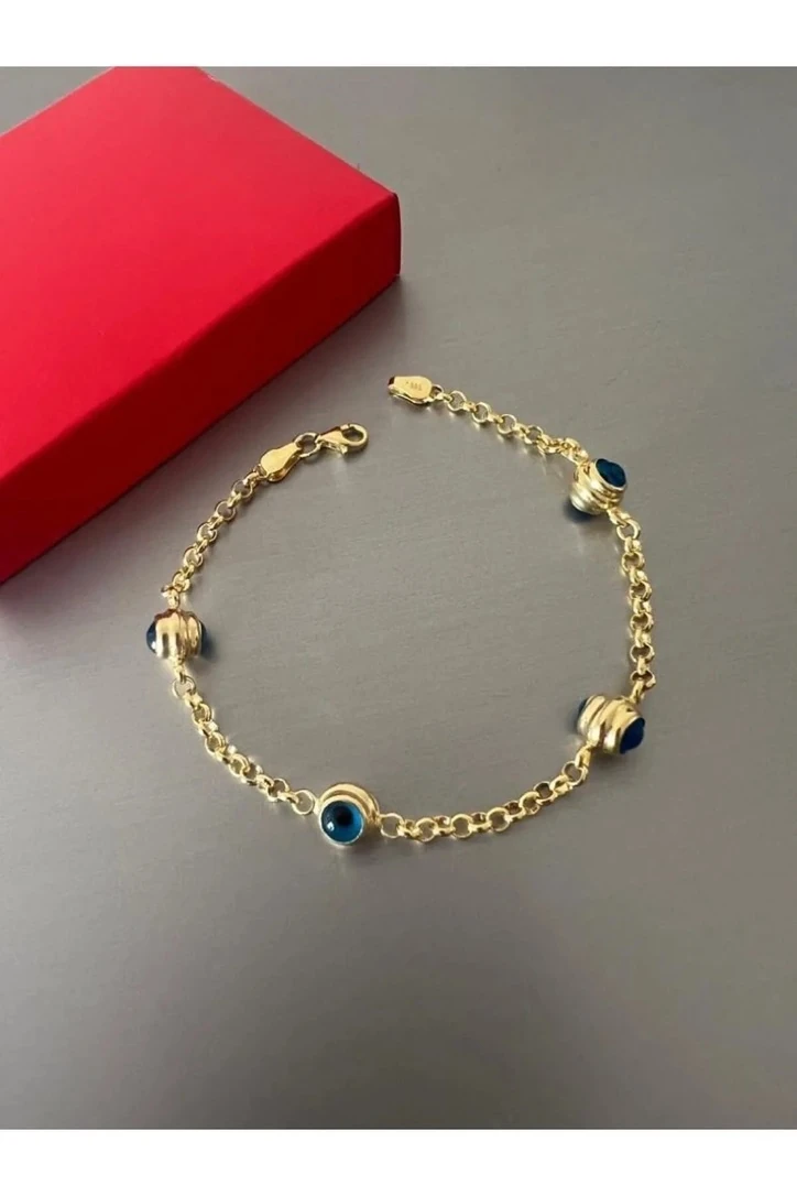 925 Ayar Gümüş Üzeri 14 Ayar Altın Kaplama Nazar Boncuk Bileklik