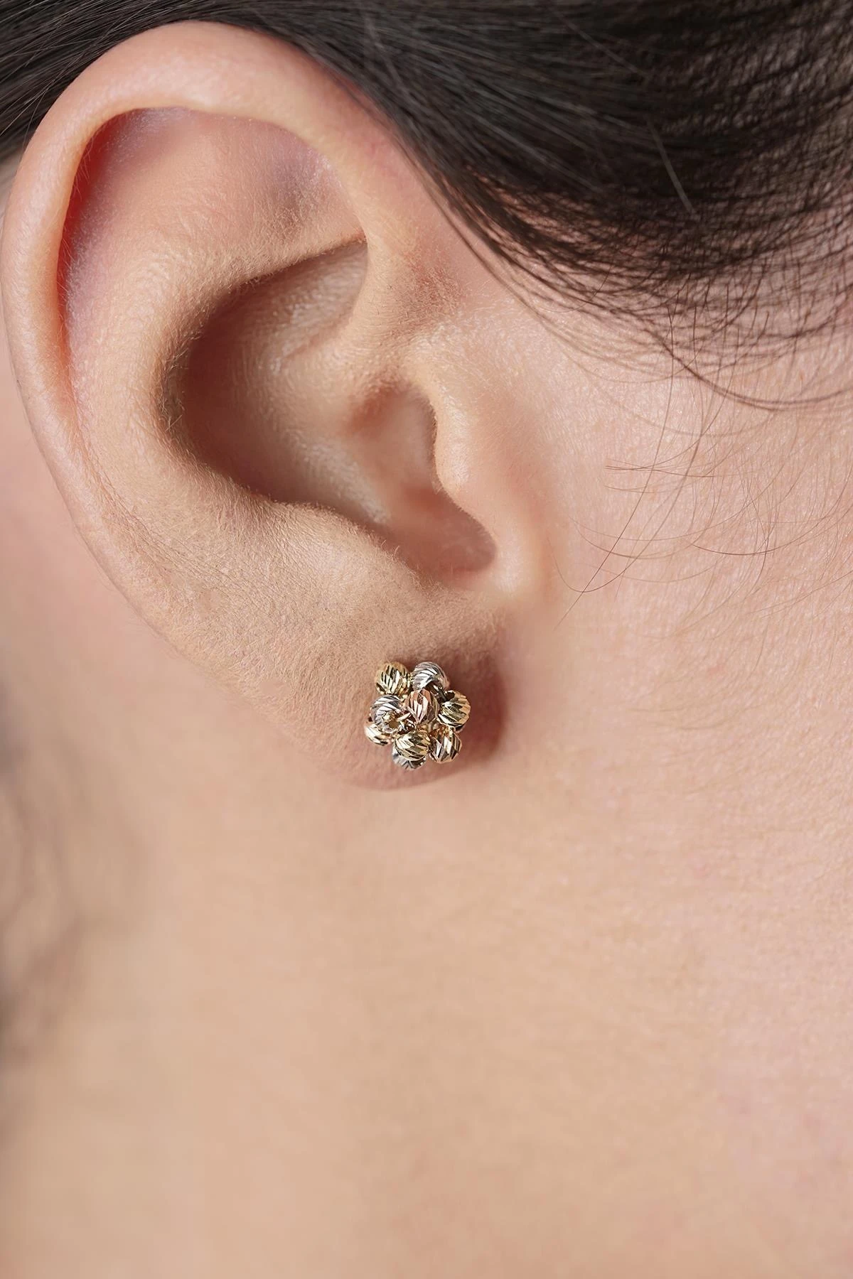 925 Ayar Gümüş Üzeri Altın Kaplama Üç Renk Dorika Balon Küpe 