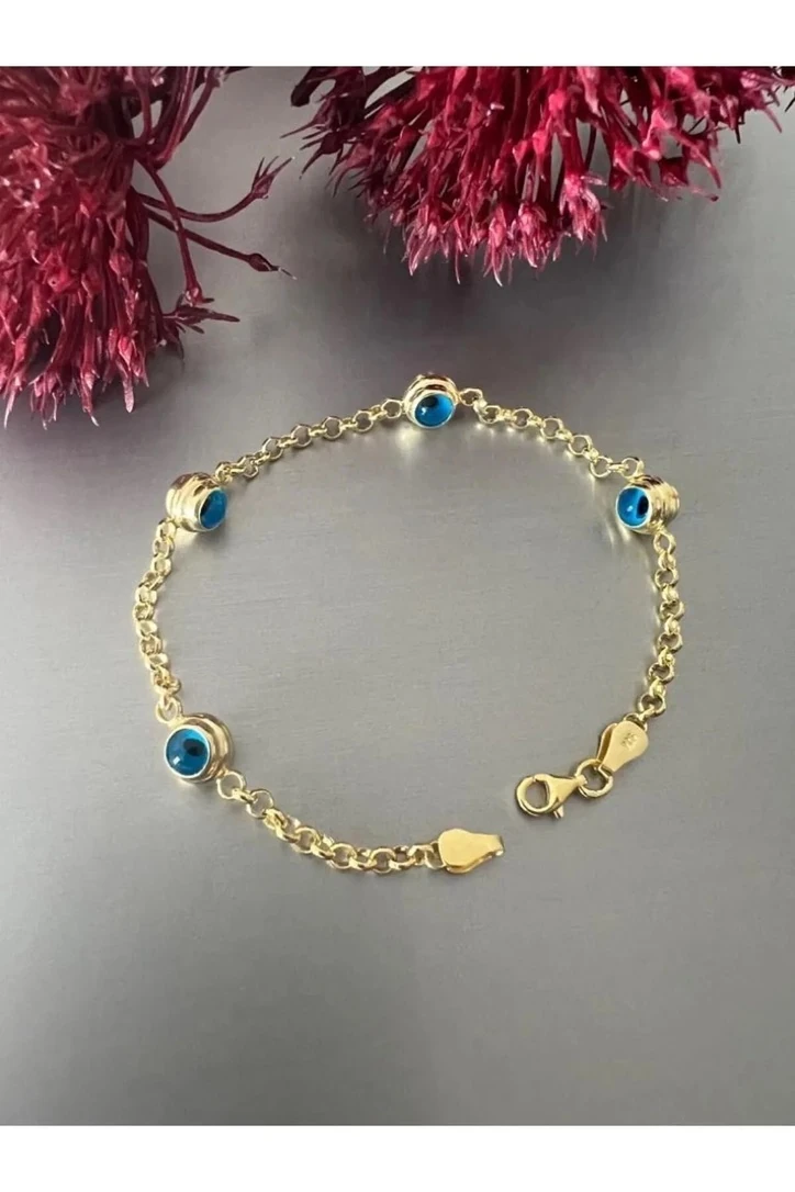 925 Ayar Gümüş Üzeri 14 Ayar Altın Kaplama Nazar Boncuk Bileklik