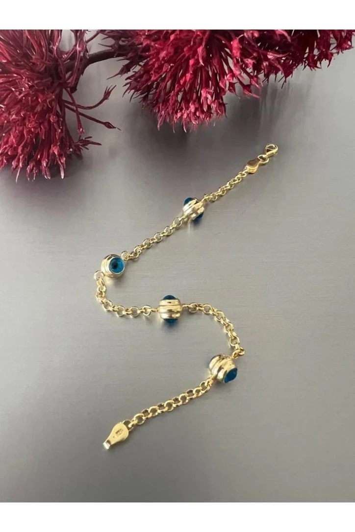 925 Ayar Gümüş Üzeri 14 Ayar Altın Kaplama Nazar Boncuk Bileklik