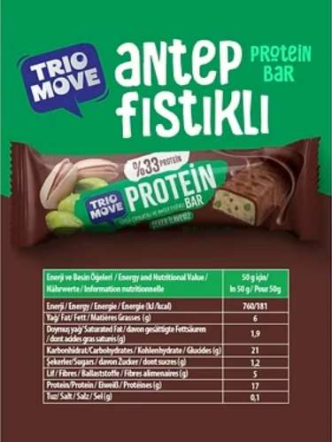 Trio Move Protein Bar 9 Adet X 50 Gr Sütlü Çikolatalı & Antep Fıstıklı