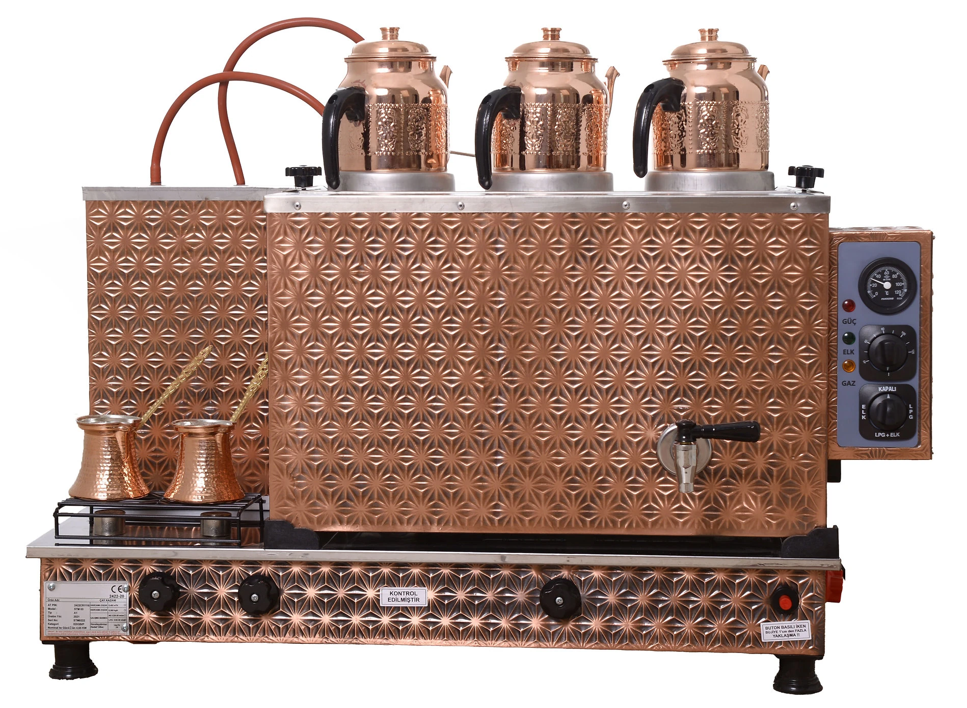 3 Demlikli Bakır Çay Kazanı Otomatik, 30 Litre