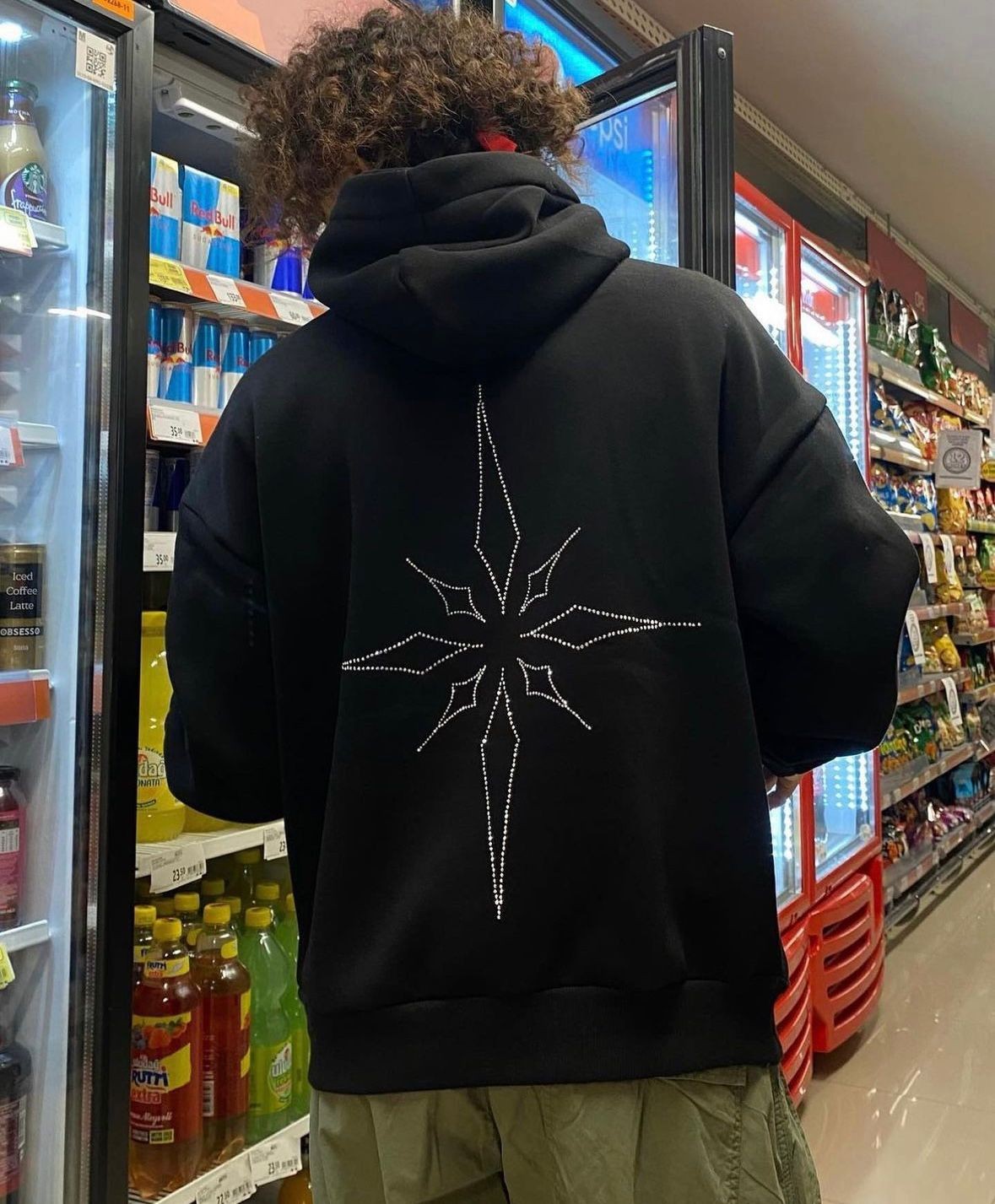 StreetWear Taşlı Siyah Hoodie