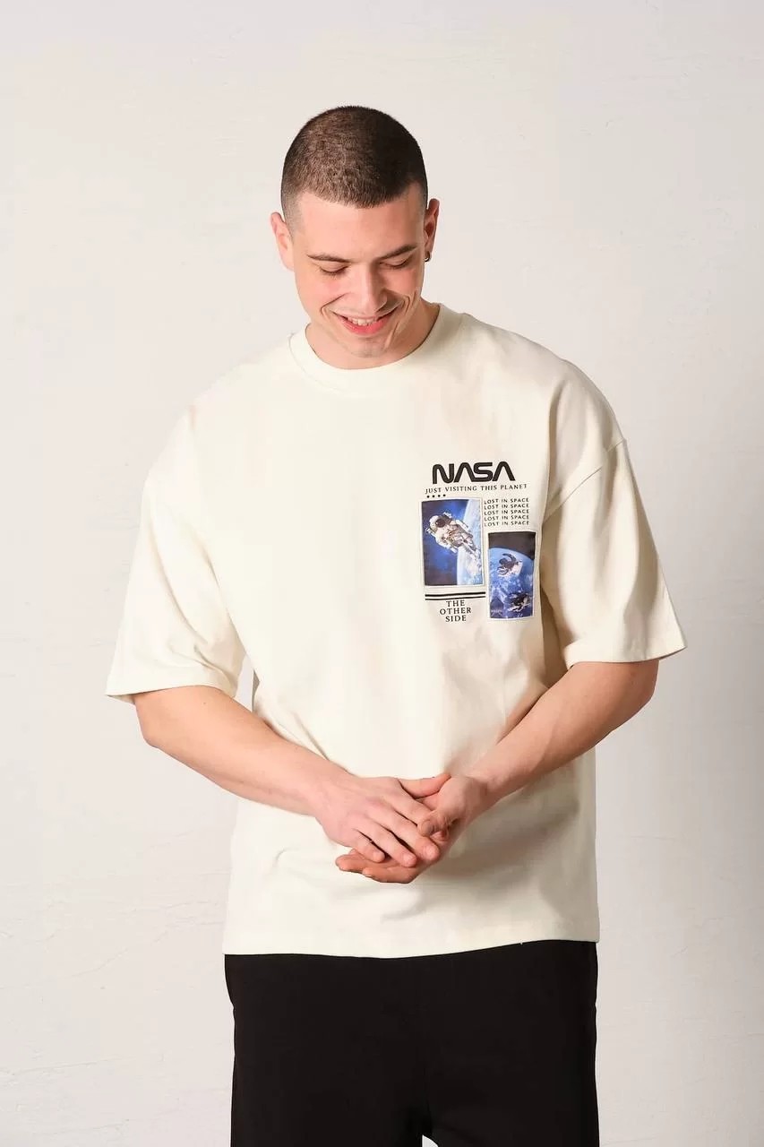 StreetWear Bol Kesim Nasa Bej Tişört 