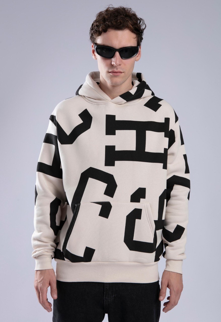 StreetWear Harf Baskılı Hoodie Bej Kapşonlu