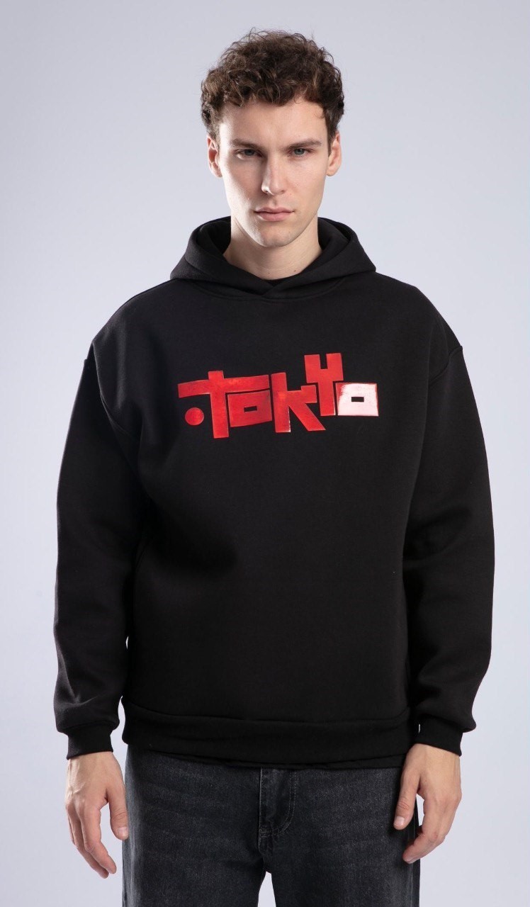 StreetWear Tokyo Baskılı Hoodie Siyah Kapşonlu