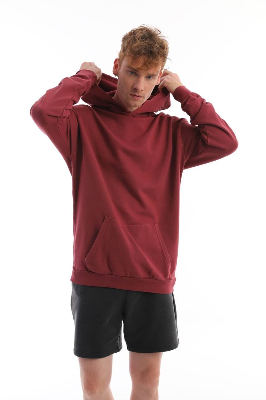 StreetWear Basic Yıkamalı Bordo Kapşonlu