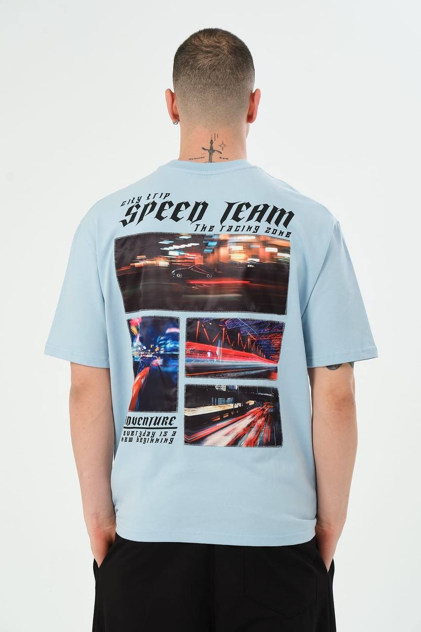 StreetWear Bol Kesim Speed Team Mavi Tişört 