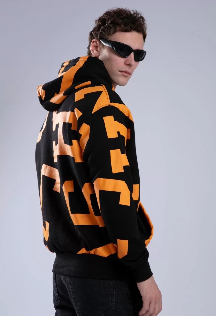 StreetWear Harf Baskılı Hoodie Siyah Kapşonlu