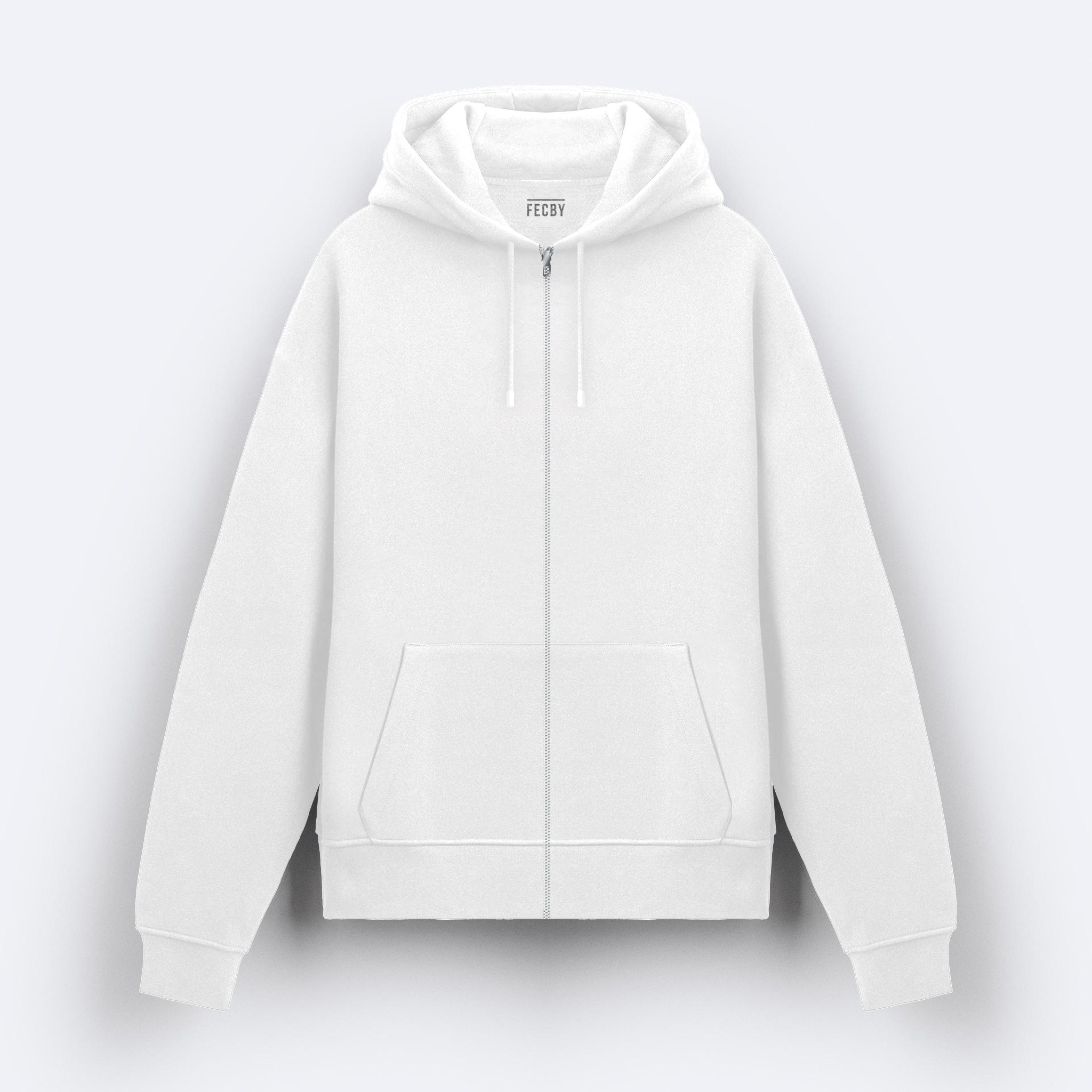 Basic Beyaz Fermuarlı Hoodie