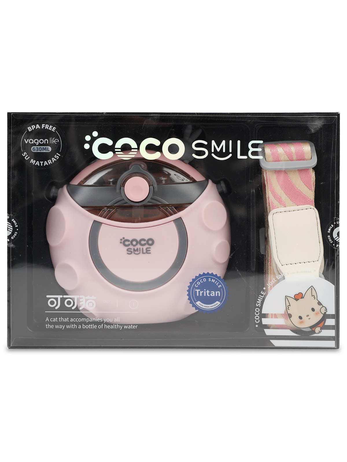 VGN0006 Coco Smile 630 ml Straw Atronaut Çelik Matara Tritan (Pink)