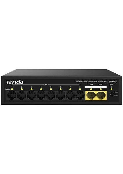 Tenda S110PC 10 Port 8 Port Poe+ 10-100 Mbps + 2 Port Uplink Switch Çelik Kasa Rack Mount