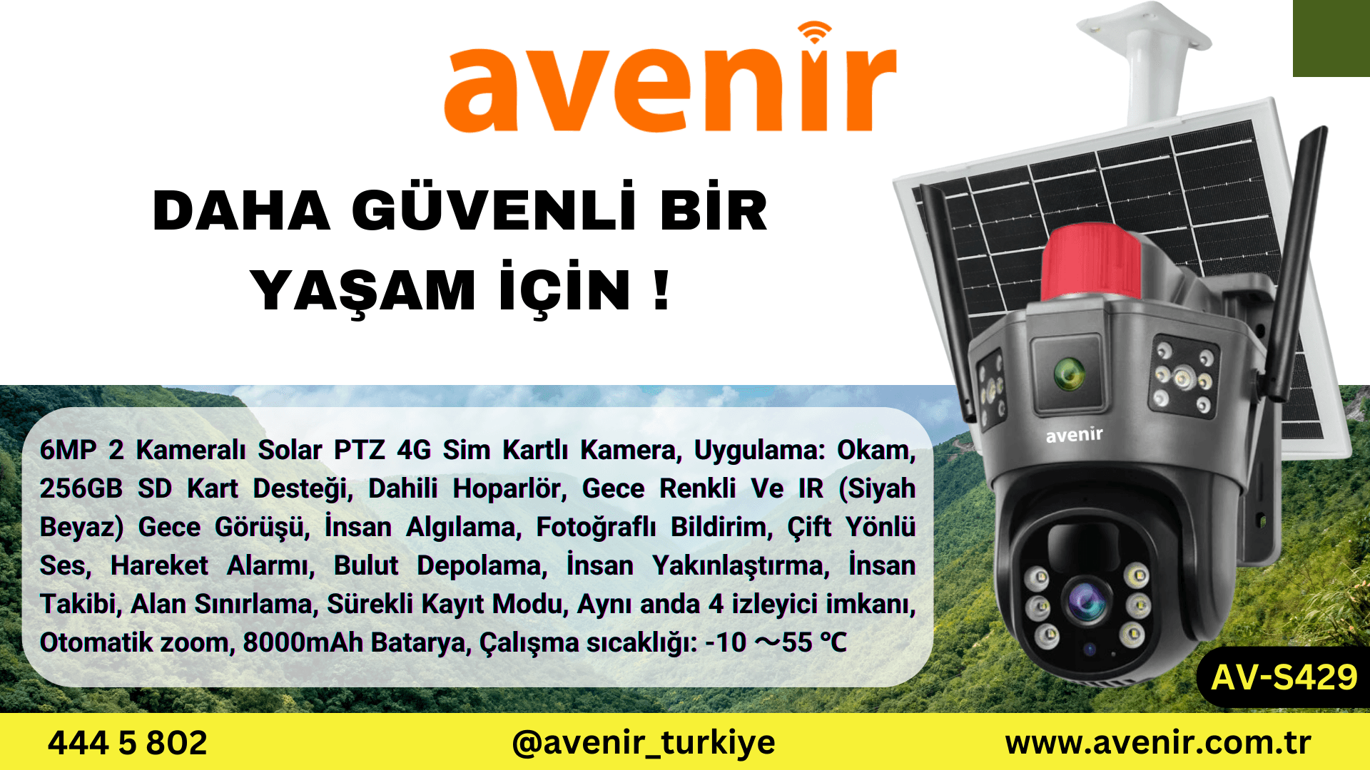 AVENİR AV-S429 6MP 2 Kameralı Solar PTZ 4G Sim Kartlı Kamera