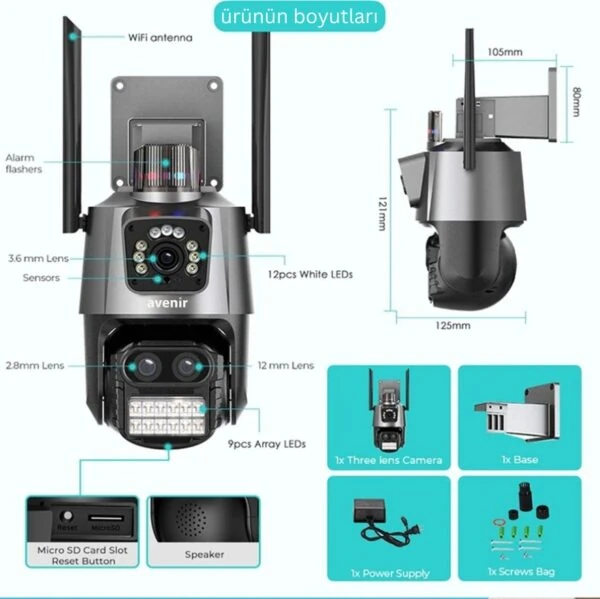 Avenir AV-M21 9MP 3 Lensli 8X Optik Zoom Ptz Speed Dome Wifi IP Kamera