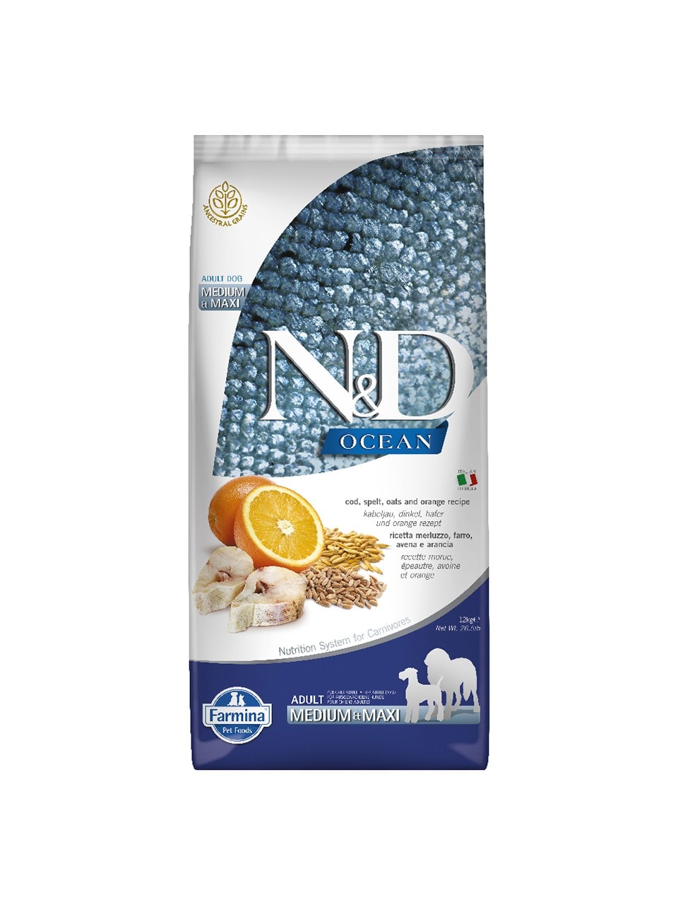 N&D Düşük Tahıllı Ocean Morina Balıklı Portakallı Yetişkin Köpek Maması 12 kg ND
