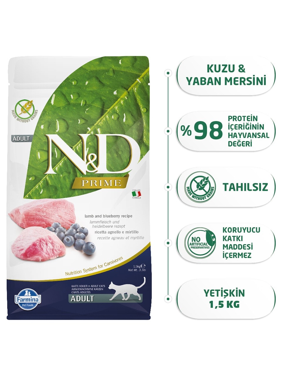 N&D Prime Tahılsız 1;5 kg Kuzu Etli Yaban Mersinli Yetişkin Kedi Maması ND