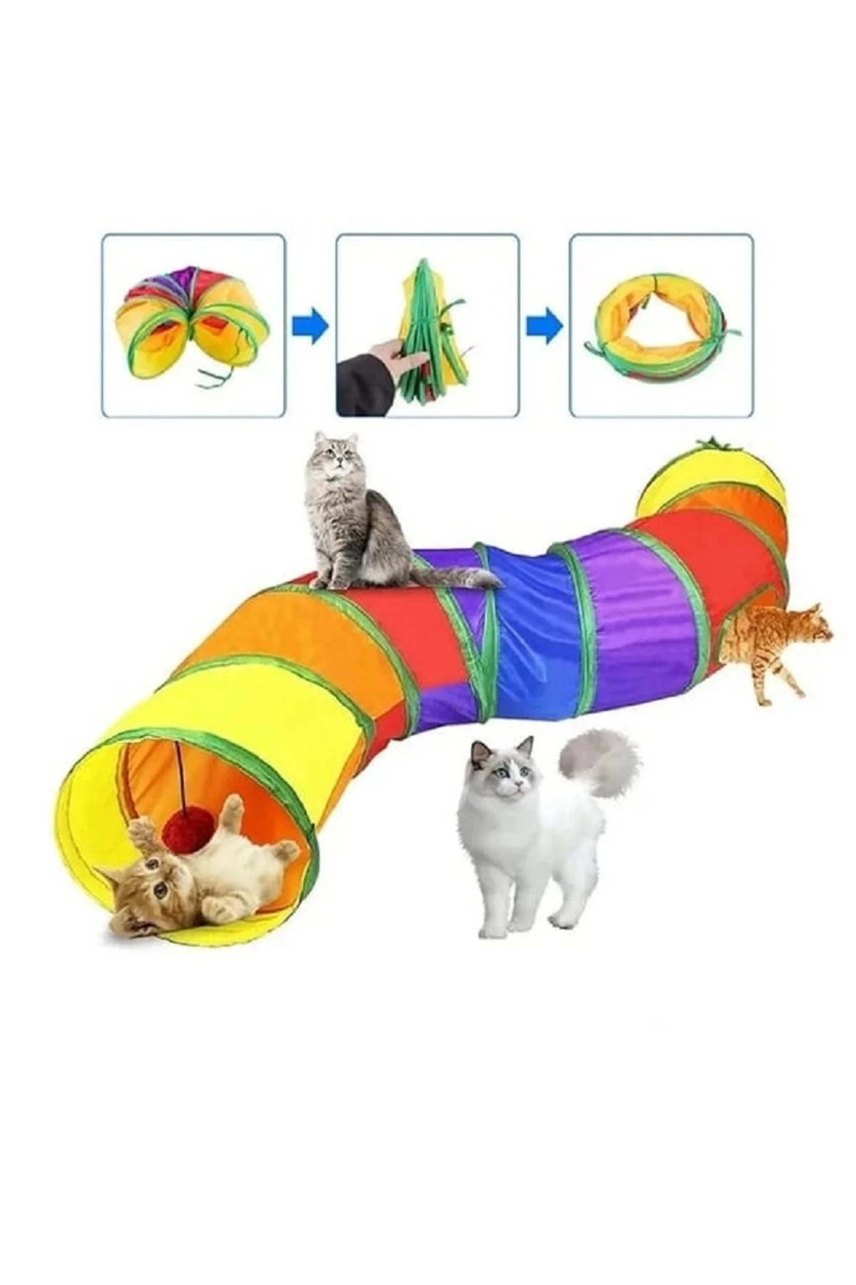 Kıvrımlı Gökkuşağı Renkli Katlanır Kedi ve Köpek Oyun Tüneli 130 Cm