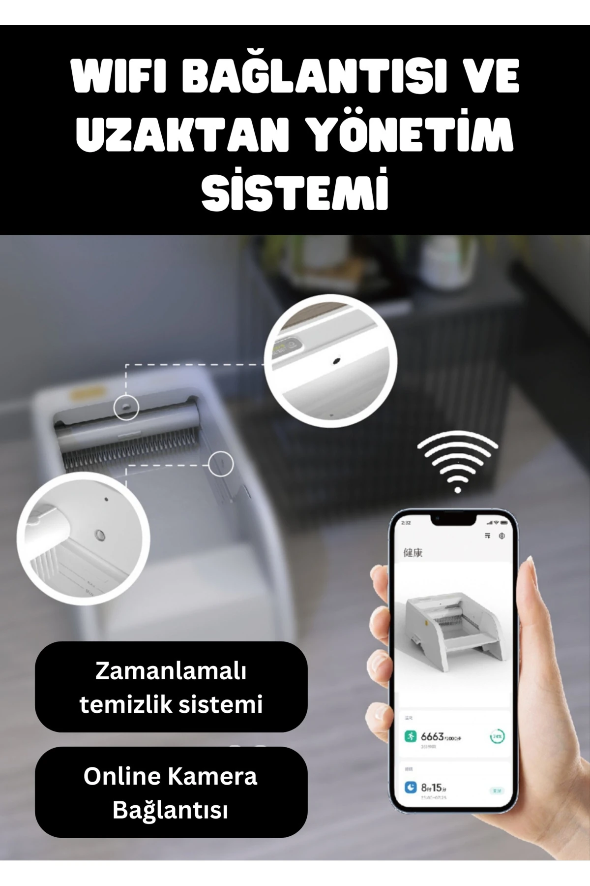Akıllı Otomatik Kedi Tuvaleti, App, Kamera & Ses Takipli, Sensörlü Güvenlik & Kilo Ölçer