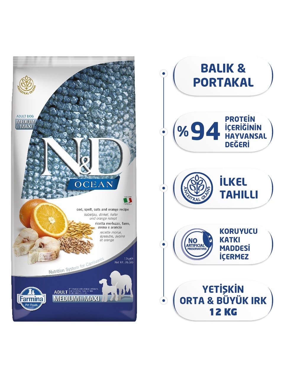 N&D Düşük Tahıllı Ocean Morina Balıklı Portakallı Yetişkin Köpek Maması 12 kg ND