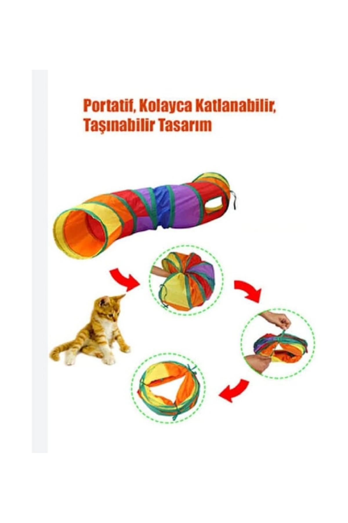 Kıvrımlı Gökkuşağı Renkli Katlanır Kedi ve Köpek Oyun Tüneli 130 Cm