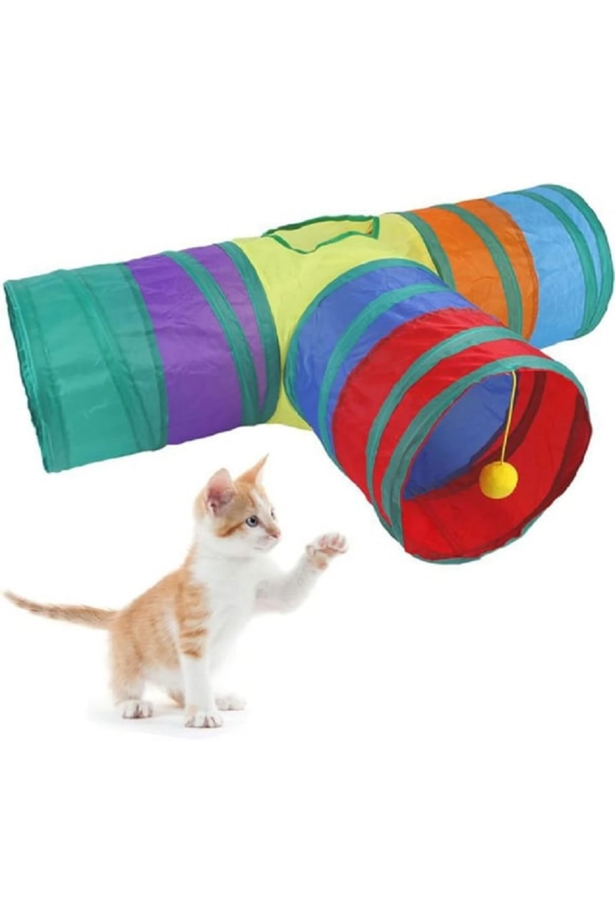 T model 3lü Gökkuşağı Renkli Katlanır Kedi ve Köpek Oyun Tüneli 85*50 Cm