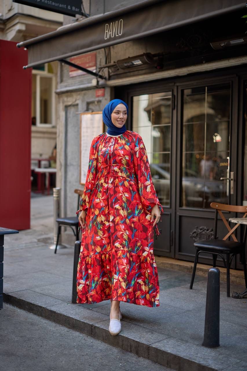 BAHAR ÇİÇEKLİ ELBİSE KIRMIZI