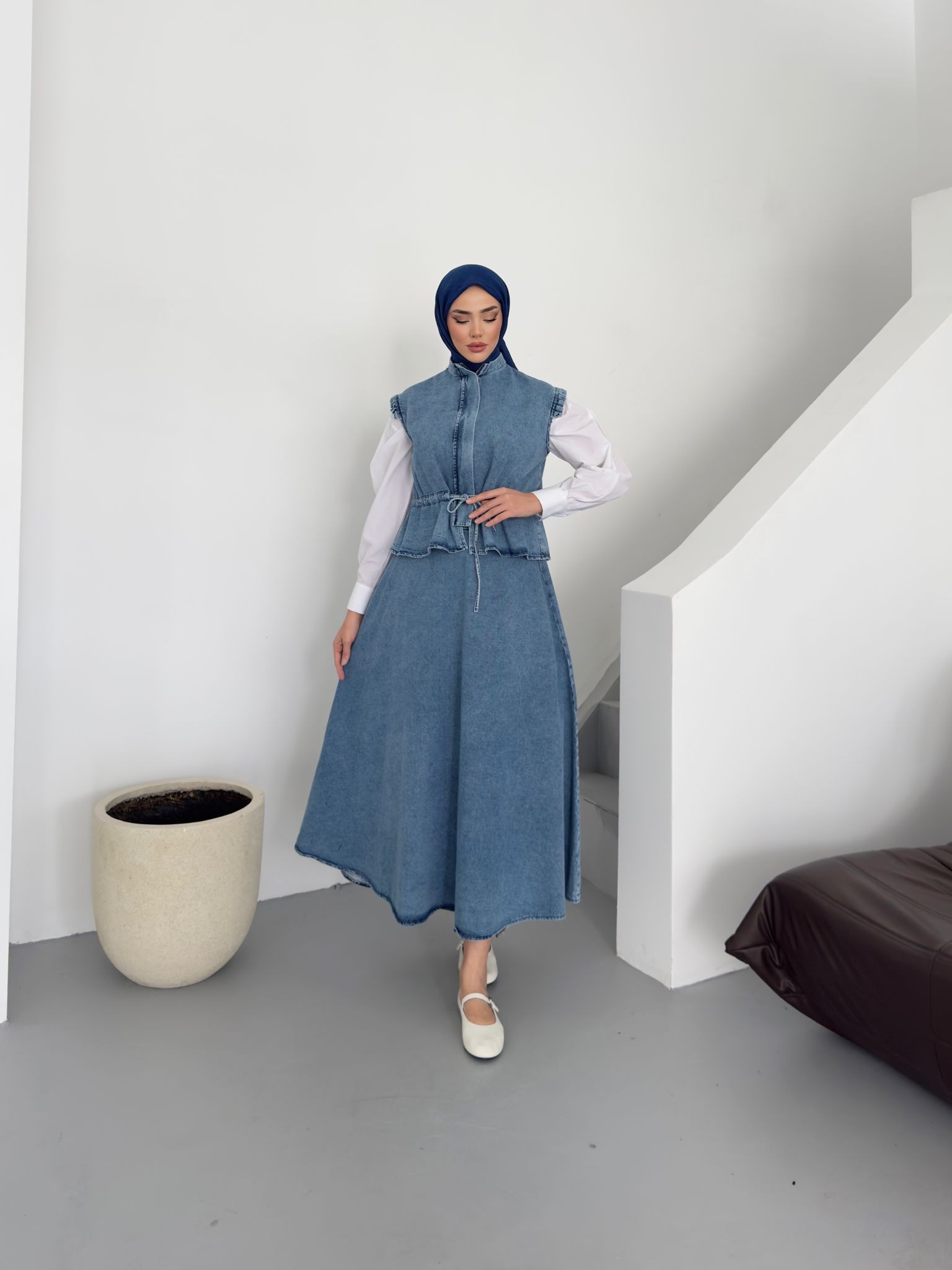 Denim yelekli etek takım