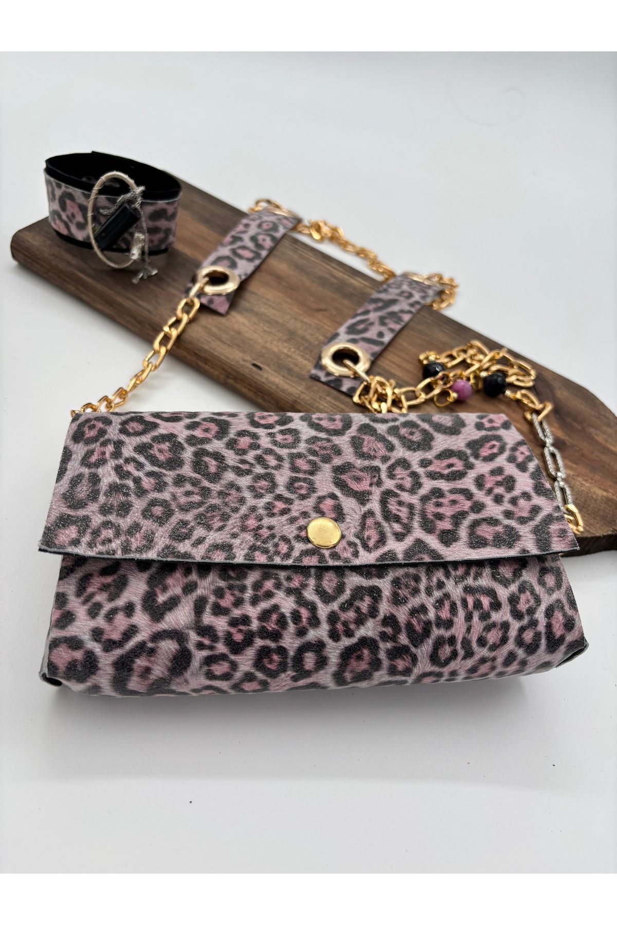 Pembe Leopar Küçük Çapraz Abiye Çanta