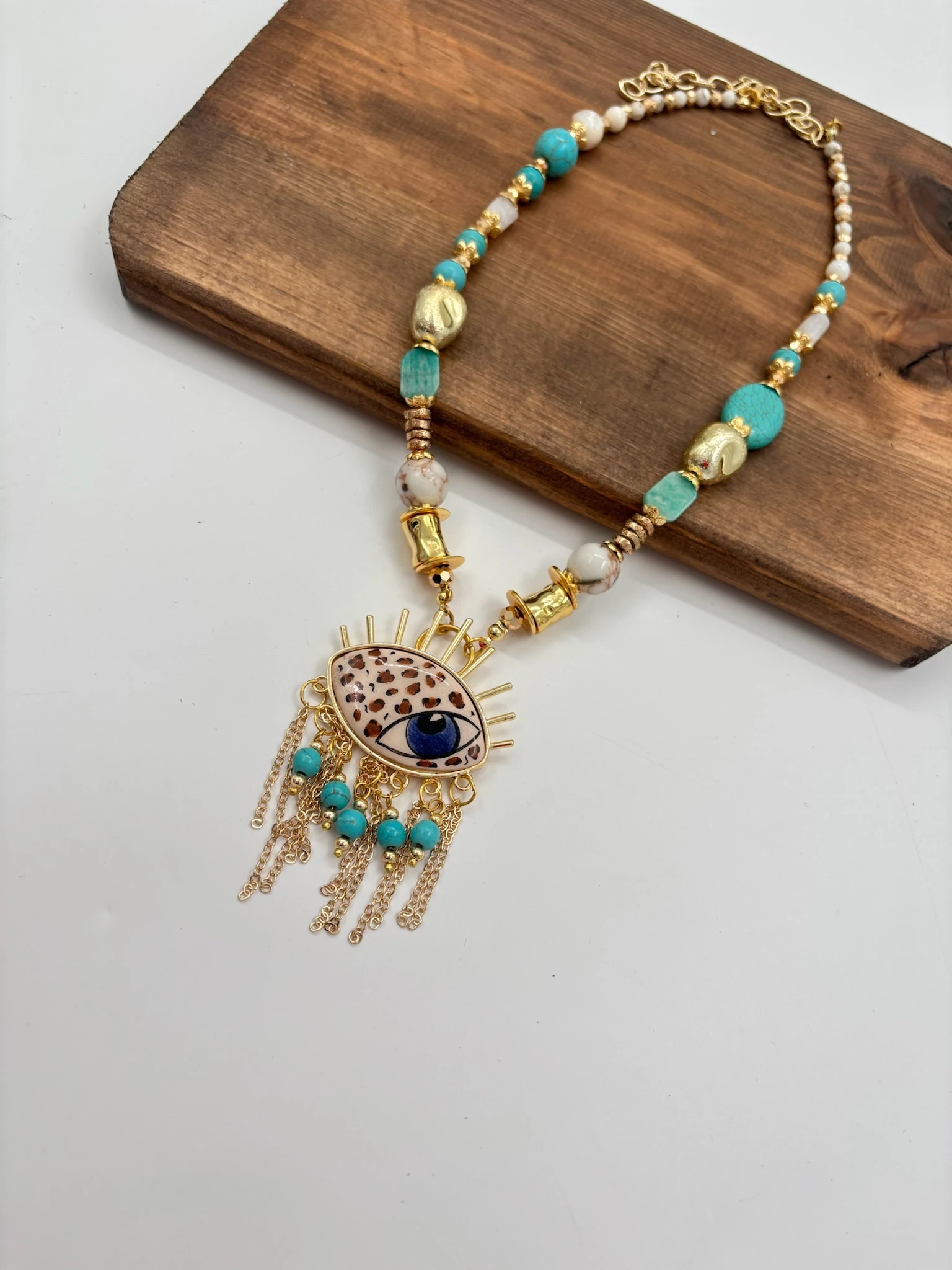 Seramik Gözlü Boncuklu Tasarım Kolye