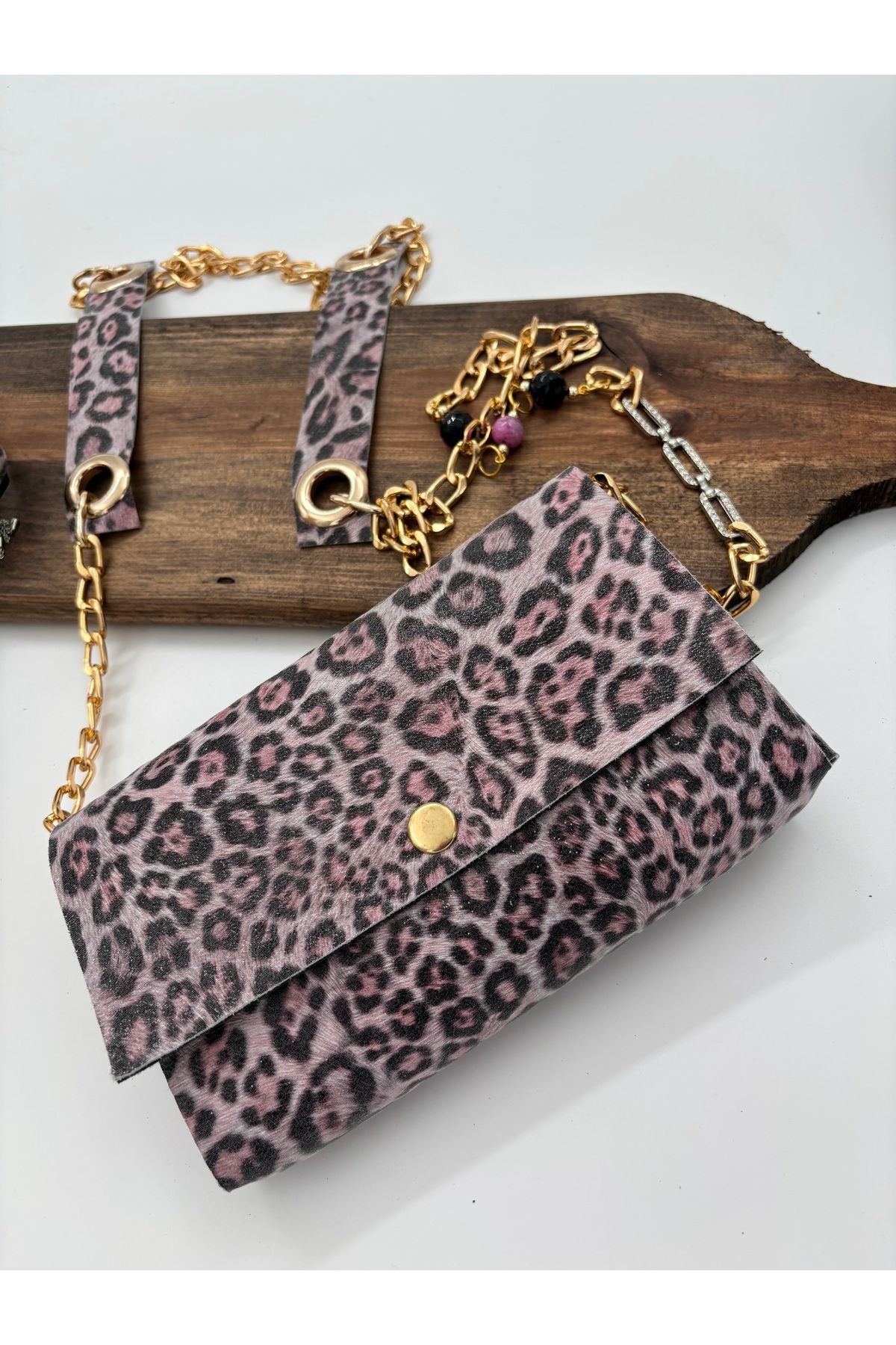 Pembe Leopar Küçük Çapraz Abiye Çanta
