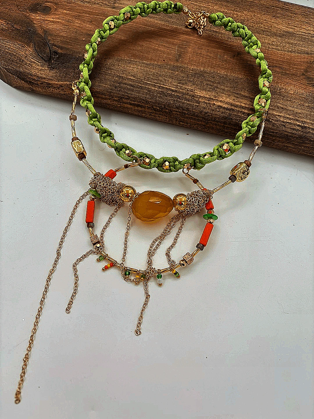 Özel Tasarım Makromeli Yeşil Turuncu Kolye