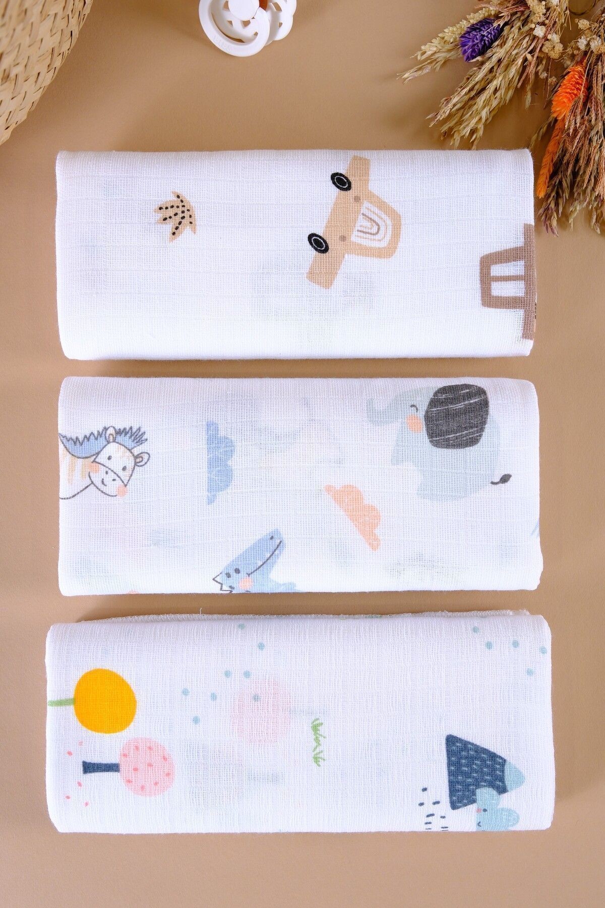 Çok Amaçlı Müslin Örtü & Battaniye 3'lü Set %100 Pamuk Oeko-teks Sertifikalı 80x80 Cm - turkuaz