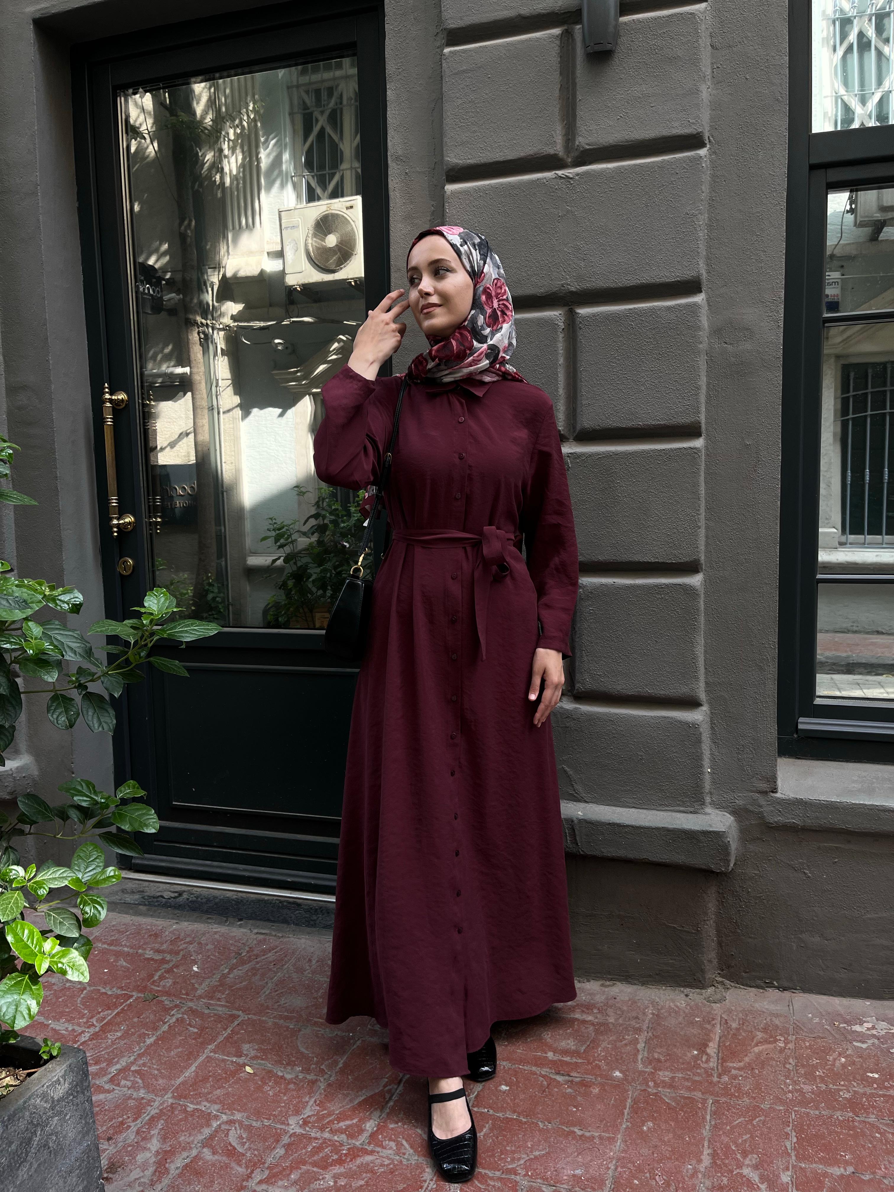 Bordo Modal Gömlek Elbise