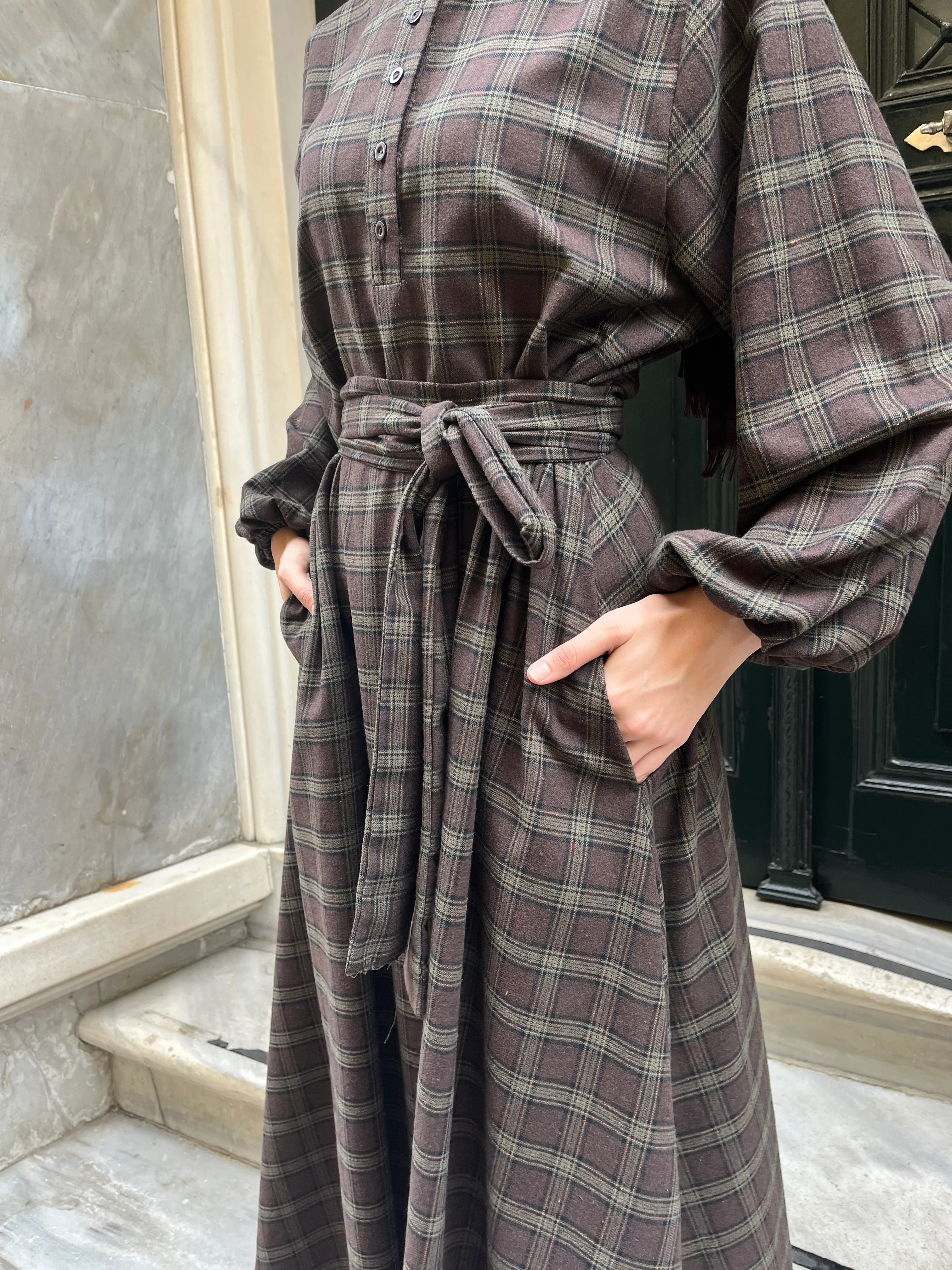 Ekose Elbise- Kahverengi