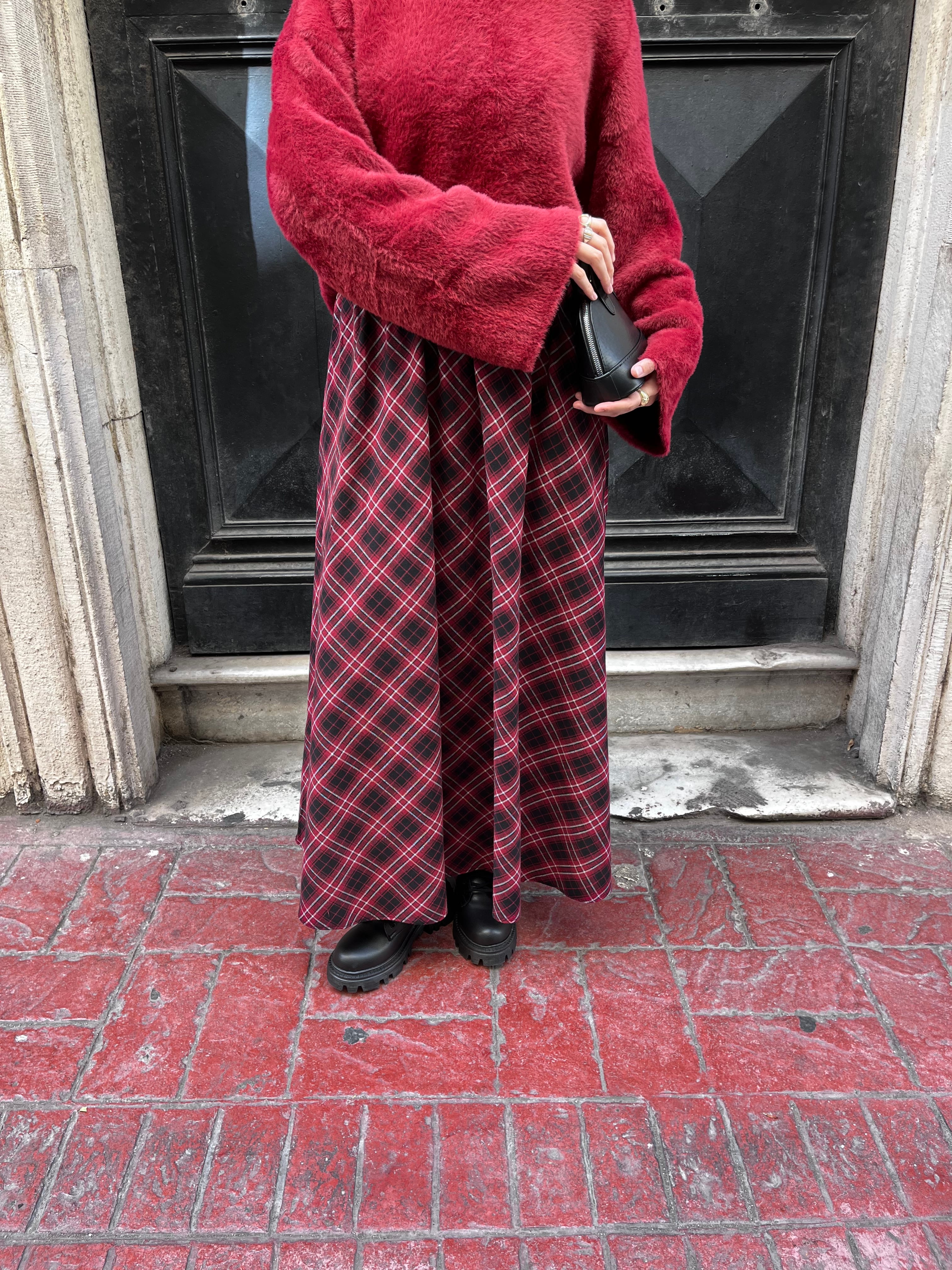 Ekose Etek - Bordo