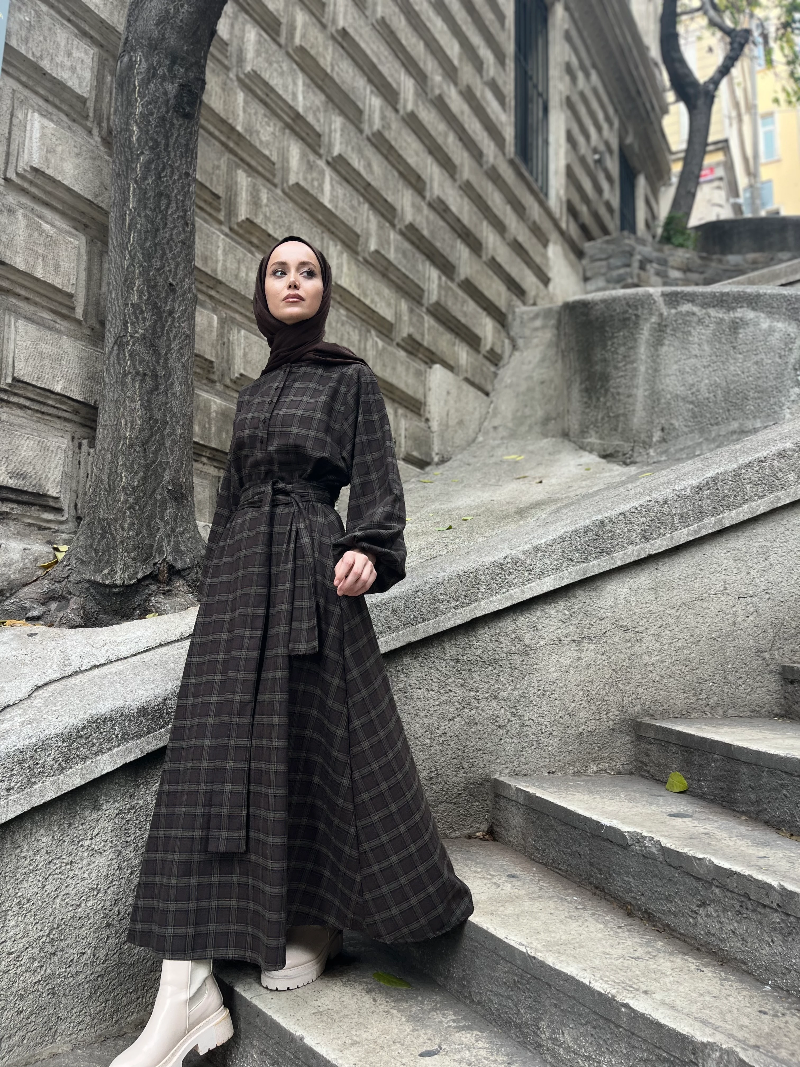 Ekose Elbise- Kahverengi