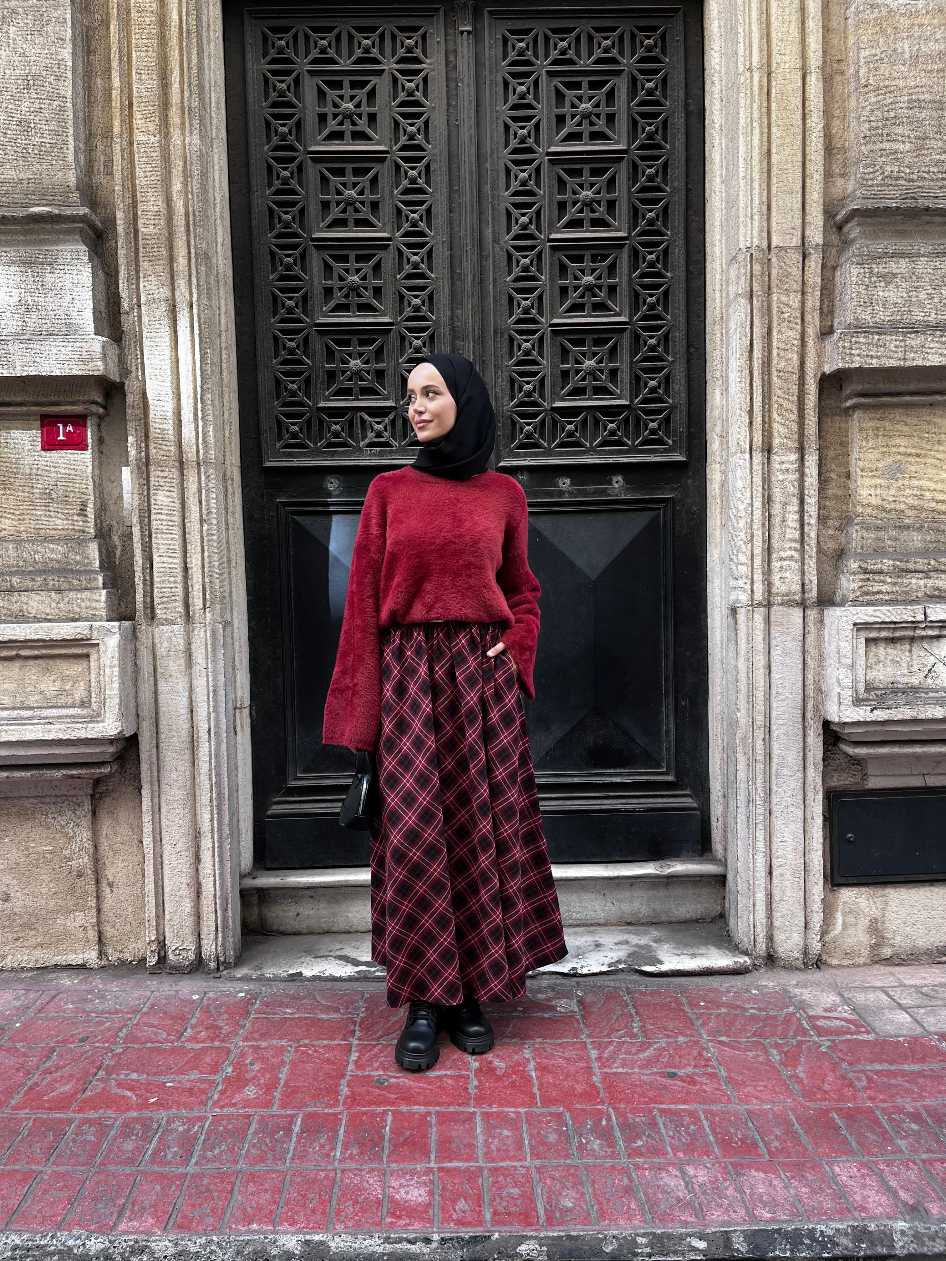 Ekose Etek - Bordo